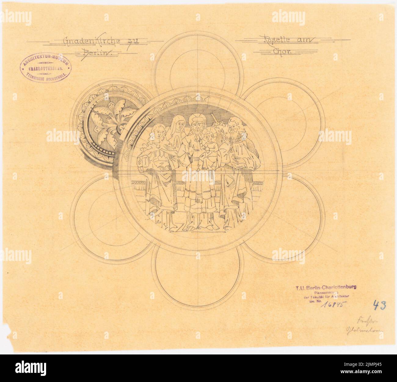 Spitta Max (1842-1902), Evangelische Gnadenkirche in Berlin-Mitte. Ausführungsprojekt (1890): Rosette im Chor. Bleistift auf Transparent, 30,8 x 34,5 cm (inklusive Scankanten) Spitta Max (1842-1902): Evangelische Gnadenkirche, Berlin-Mitte. Ausführungsprojekt Stockfoto