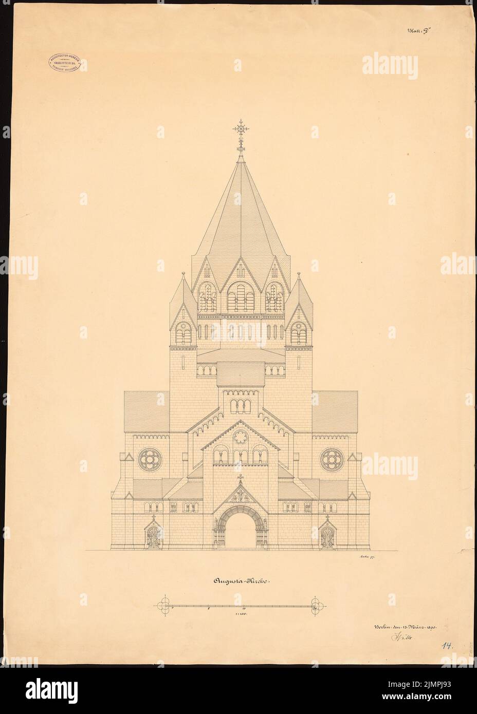 Spitta Max (1842-1902), Evangelische Gnadenkirche in Berlin-Mitte. 2. Projekt (13.03.1890): Ansicht. Tinte auf Karton, 93,2 x 66,6 cm (inklusive Scankanten) Spitta Max (1842-1902): Evangelische Gnadenkirche, Berlin-Mitte. 2. Projekt Stockfoto