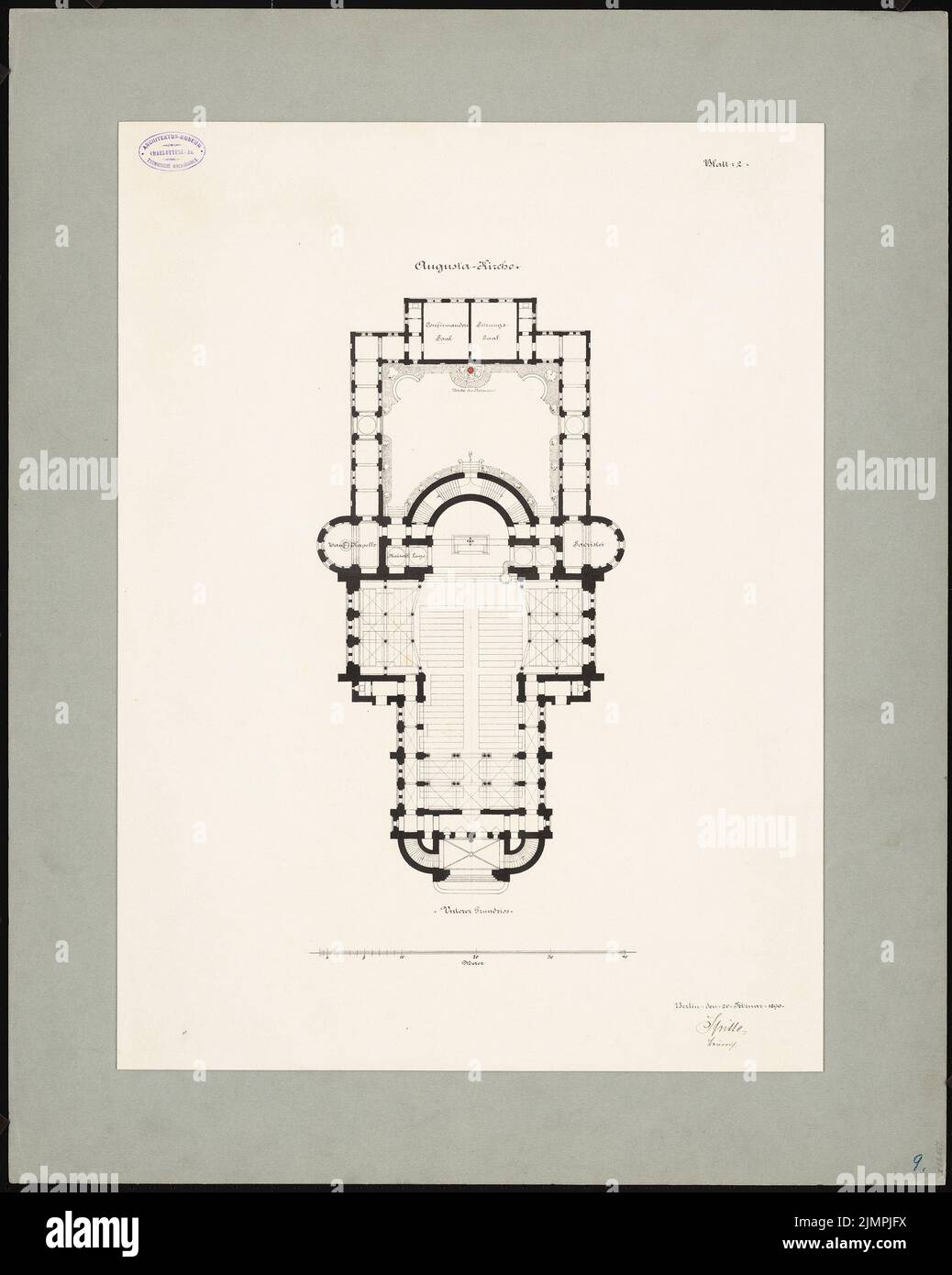 Spitta Max (1842-1902), Evangelische Gnadenkirche in Berlin-Mitte. 1. Projekt (20.02.1890): Grundriß. Tinte, Bleistift-Aquarell auf der Schachtel, 80,6 x 64,4 cm (inklusive Scankanten) Spitta Max (1842-1902): Evangelische Gnadenkirche (Augustakirche), Berlin-Mitte. 1. Projekt Stockfoto