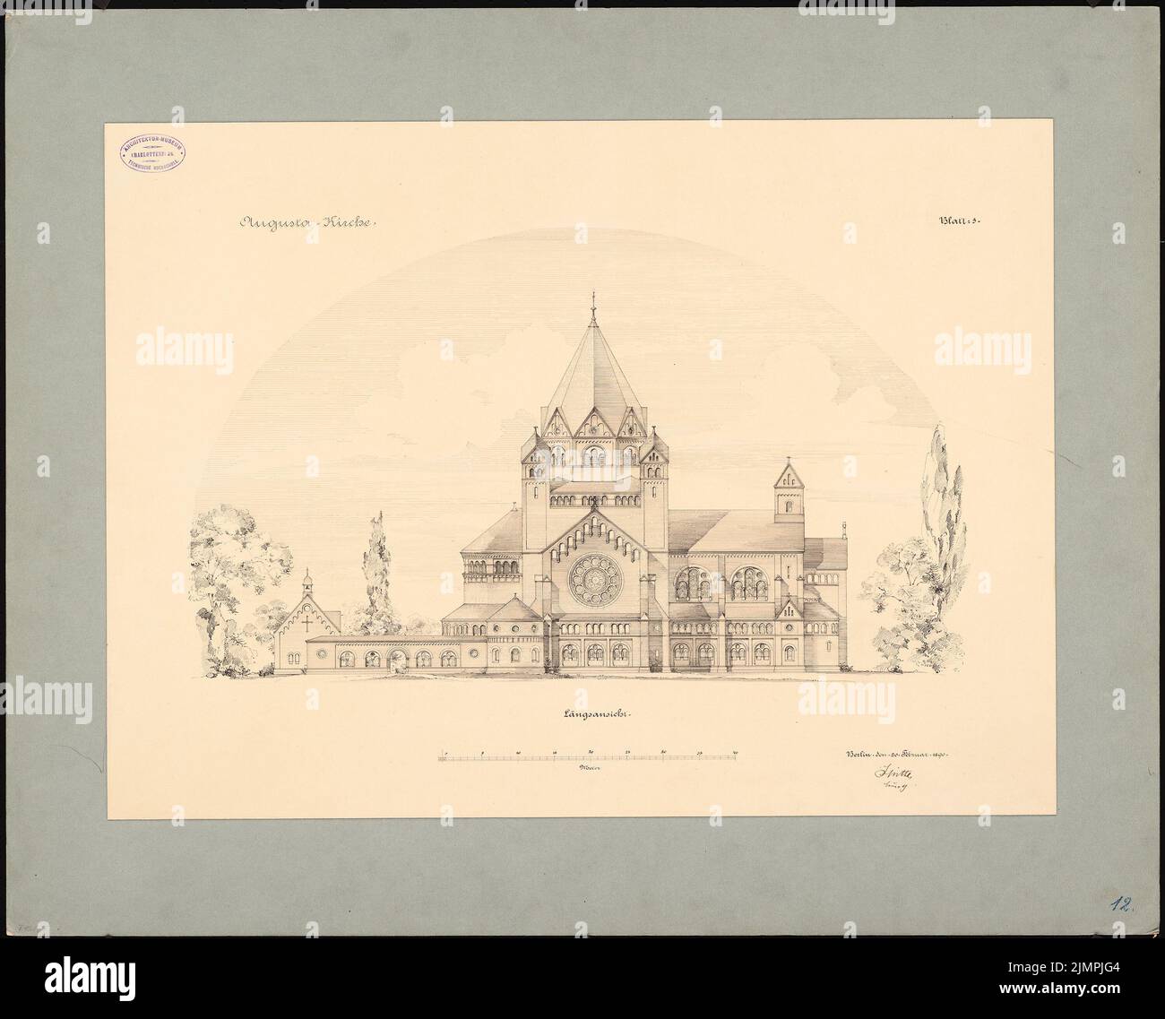 Spitta Max (1842-1902), Evangelische Gnadenkirche in Berlin-Mitte. 1. Projekt (20.02.1890): Seitenansicht. Tinte auf Karton, 64,5 x 80 cm (inklusive Scankanten) Spitta Max (1842-1902): Evangelische Gnadenkirche, Berlin-Mitte. 1. Projekt Stockfoto