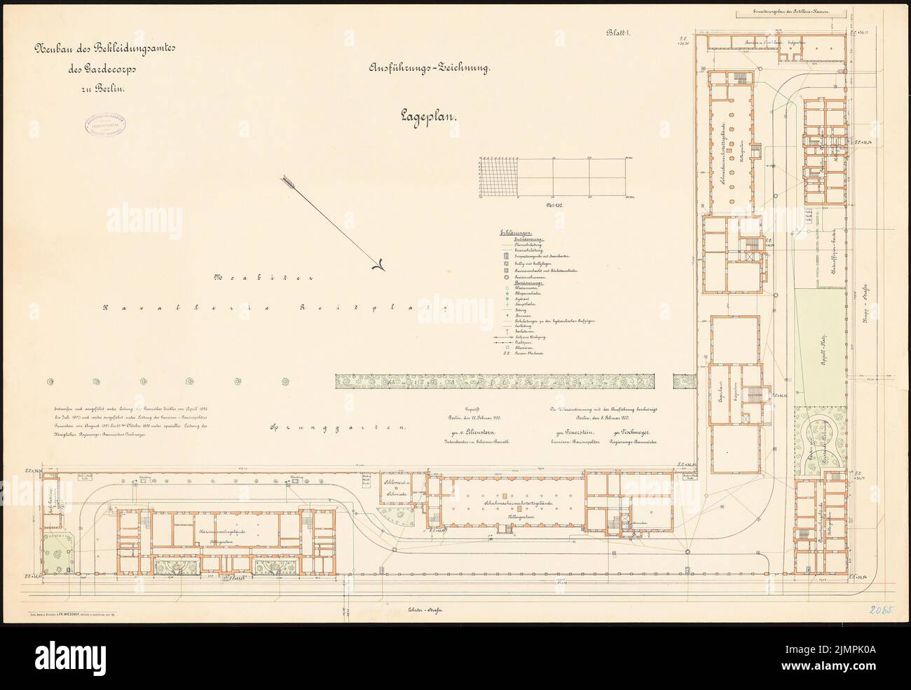 Zeidler Georg (1860-1915), Neubau des Bekleidungsbüros der Gardecorps, Berlin (1896-1898): Abteilung 1: 250. Farblithographie auf der Schachtel, 69 x 100,3 cm (inklusive Scankanten) Zeidler Georg (1860-1915): Neubau des Bekleidungsamtes des Gardecorps, Berlin Stockfoto