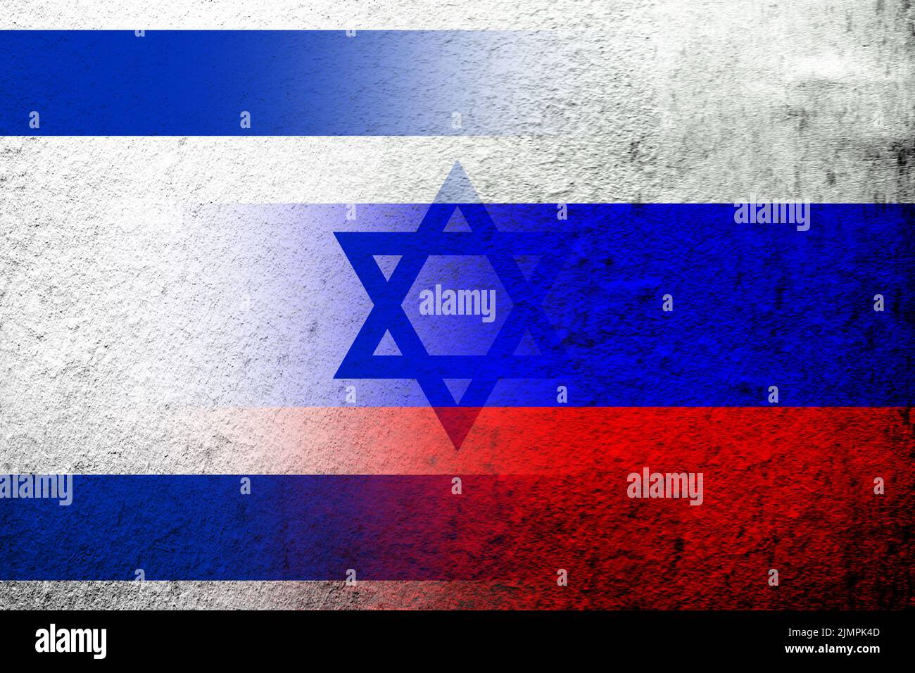Nationalflagge der Russischen Föderation mit Staat Israel Nationalflagge. Grungen Hintergrund Stockfoto
