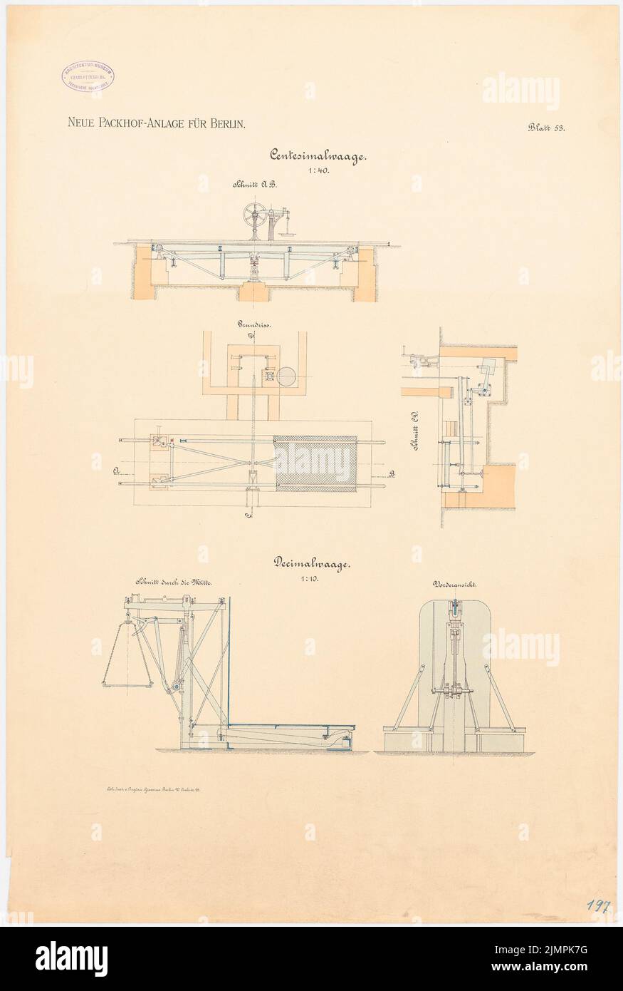 Weber Helmut, neuer Verpackungshof, Berlin-Moabit (1882-1885): Grundriß im Dezimalmaßstab, Querschnitt, Längsschnitt 1:40. Lithographie auf Karton, 79,3 x 53,4 cm (inklusive Scan-Kanten) Weber Helmut : Neue Packhofanlage, Berlin-Moabit Stockfoto