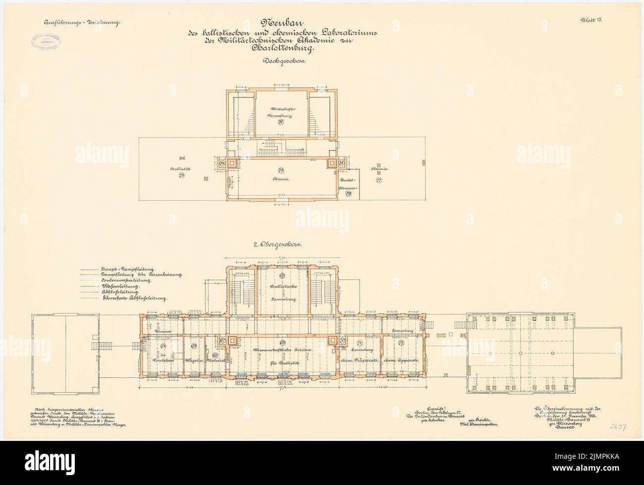 Weisenberg, ballistisches und chemisches Labor der Militärakademie in Charlottenburg, Berlin. Neubau (1904-1905): Labor: Grundriß 2. Stock, Dachwasserleitungen 1: 100. Lithographie auf der Schachtel, 69 x 100,9 cm (inklusive Scan-Kanten) Weisenberg : Ballistisches und Chemisches Laboratorium der Militärtechnischen Akademie zu Charlottenburg, Berlin. Neubau Stockfoto