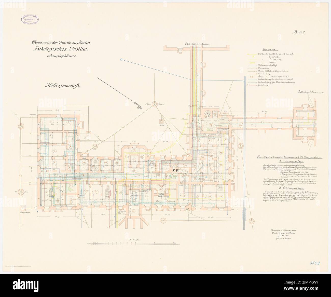 Diestel Georg (1854-1926), Pathologisches Institut der Charité, Berlin (1903-1905): Hauptgebäude: Grundriß Keller 1: 100. Lithographie auf der Schachtel, 71,5 x 86,3 cm (inklusive Scankanten) Diestel Georg (1854-1926): Pathologisches Institut der Charité, Berlin Stockfoto