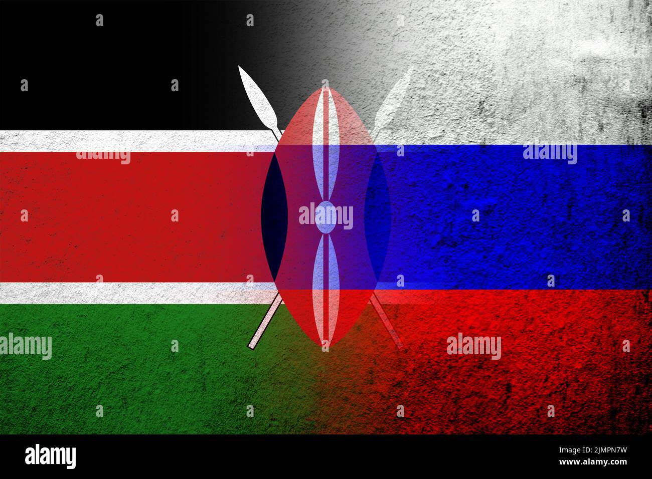 Nationalflagge der Russischen Föderation mit der Republik Kenia Nationalflagge. Grungen Hintergrund Stockfoto