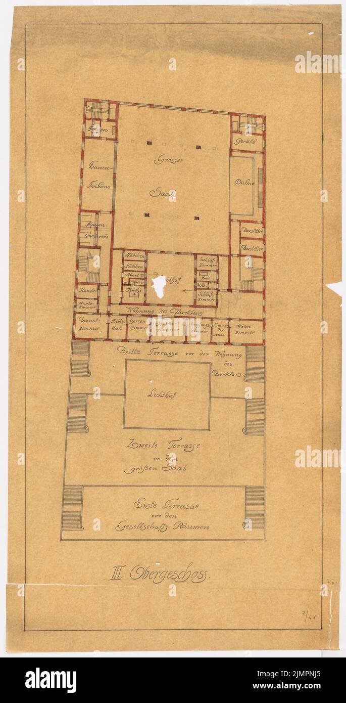 Poelzig Hans (1869-1936), Haus der Freundschaft, Istanbul. Vorprojekt 1 (1916): Grundriss 3.. Bleistift und Farbstift auf transparent, 75,1 x 39,6 cm (inklusive Scankanten) Poelzig Hans (1869-1936): Haus der Freundschaft, Istanbul. Vorprojekt 1 Stockfoto