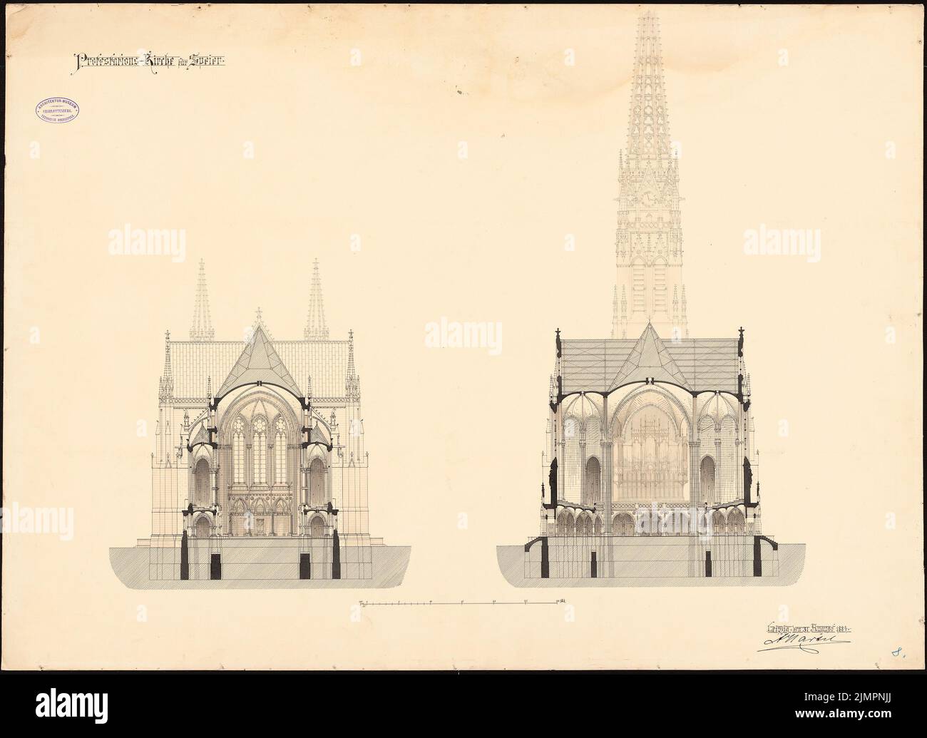 Hartel August (1844-1890), Protestationkirche Speyer (31.08.1884): Querschnitt durch den Altarraum und die Orgelgalerie 1: 160. Tusche Aquarell auf der Schachtel, 70,3 x 96,7 cm (inklusive Scankanten) Hartel August (1844-1890): Protestationskirche, Speyer Stockfoto