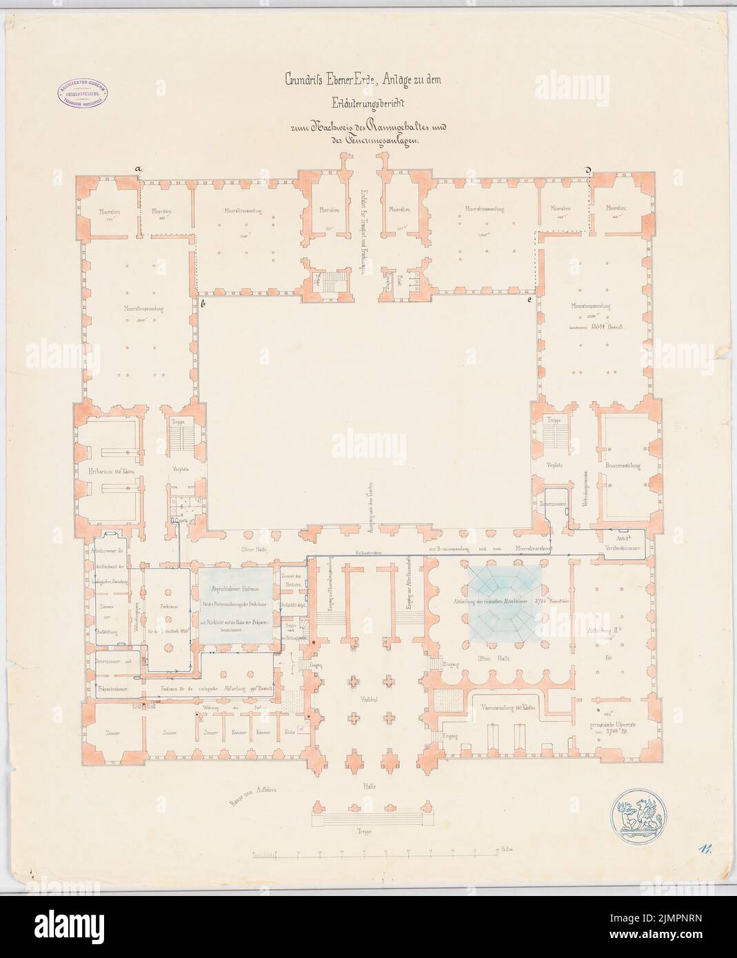 Pichler Oskar (1826-1865), Gebäude für die Vereinigten Großherzoglichen Sammlungen (Kunst, Münzen, Bibliothek, Naturwissenschaften), Karlsruhe (ohne Datum): Grundriß für Raumerkennung und Heizung, Erdgeschoss. Tusche, Tusche farbig, Aquarell auf Papier, 80,6 x 66,3 cm (inklusive Scankanten) Pichler Oskar (1826-1865): Gebäude für die Vereinigten Großherzoglichen Sammlungen (Kunst, Münzen, Bibliothek, Naturwissenschaften), Karlsruhe Stockfoto