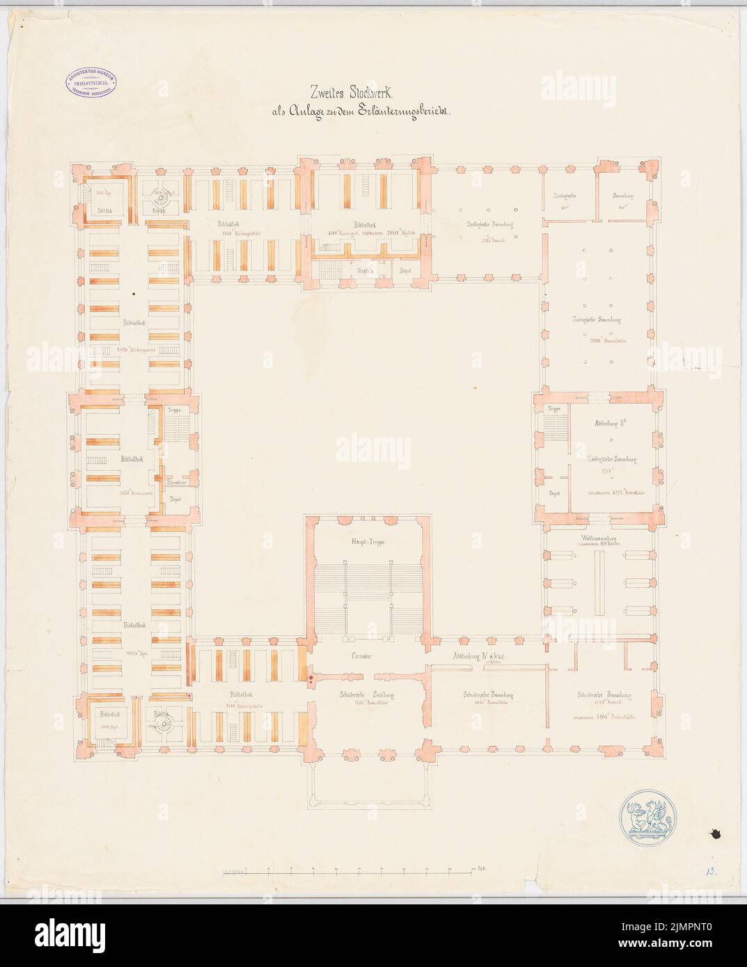 Pichler Oskar (1826-1865), Gebäude für die Vereinigten Großherzoglichen Sammlungen (Kunst, Münzen, Bibliothek, Naturwissenschaften), Karlsruhe (ohne Datum): Grundriß für Raumerkennung und Heizung, 2.. Stock. Tuschefarben, Aquarell auf Papier, 80 x 66,1 cm (inklusive Scankanten) Pichler Oskar (1826-1865): Gebäude für die Vereinigten Großherzoglichen Sammlungen (Kunst, Münzen, Bibliothek, Naturwissenschaften), Karlsruhe Stockfoto