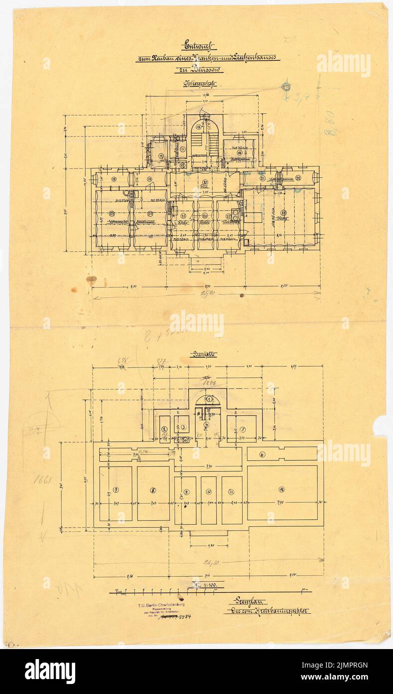 Lehmübner Paul (1855-1916), Gesundheit und Siechenhaus in Brüssow. Vorentwurf (11,1899): Grundriss Keller, Bankett 1: 100. Tusche, Bleistift, Farbstift auf Transparent, 73,3 x 44,5 cm (inklusive Scankanten) Lehmstübner Paul (1855-1916): Kranken- und Siechenhaus, Brüssow. Vorentwurf Stockfoto