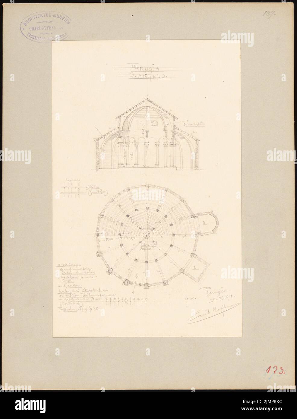 Hoffmann Emil (1845-1901), S. Angelo in Perugia (29. Mai 1894): Grundriß und Schnitt. Bleistift auf Papier, 32,5 x 24,6 cm (inklusive Scankanten) Hoffmann Emil (1845-1901): S. Angelo, Perugia Stockfoto