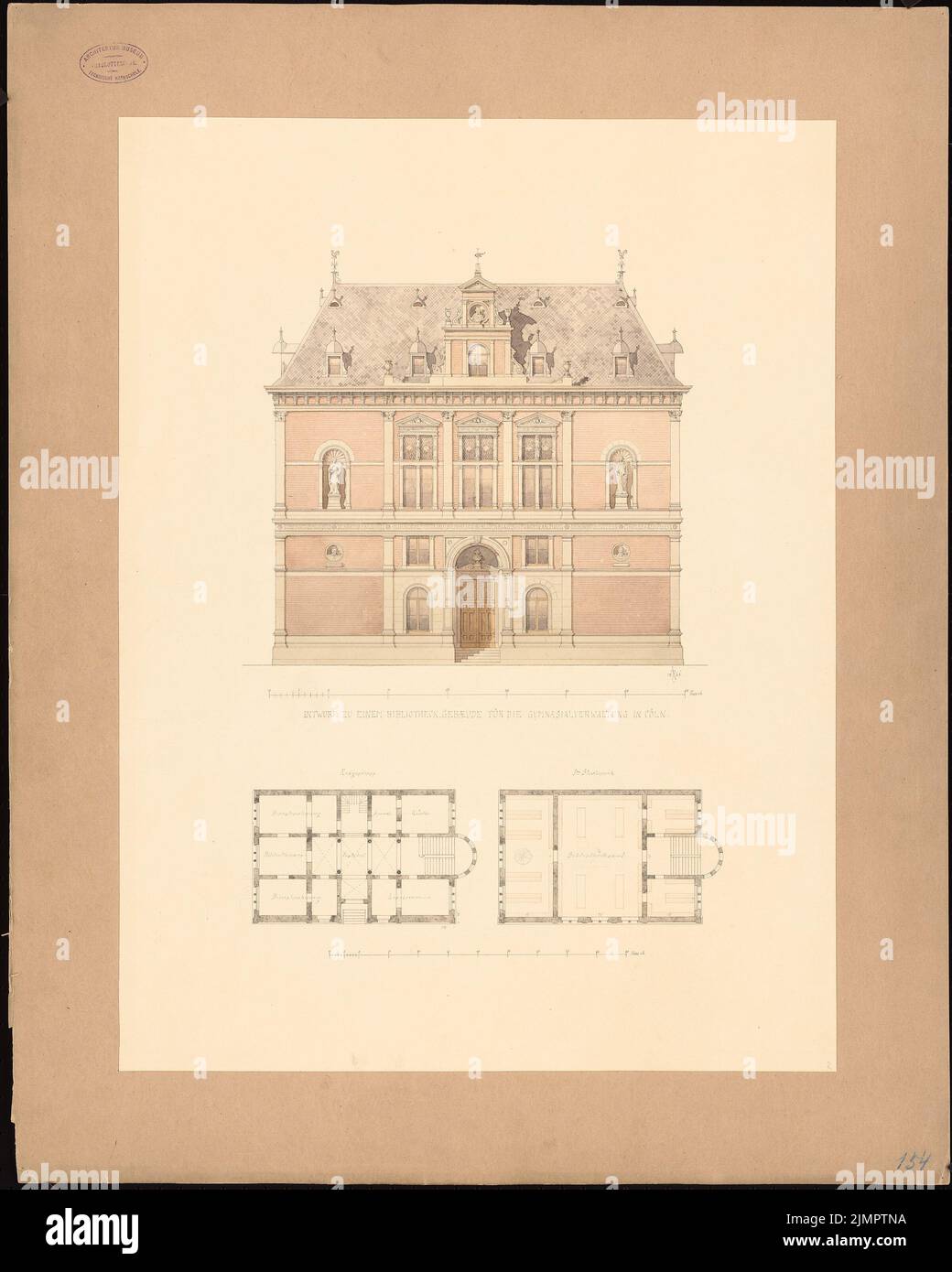 Raschdorff Julius (1823-1914), Bibliothek für Oberschulverwaltung, Köln (1865): Grundriss EG und 1.. Stock, Blick. Tusche, Bleistift-Aquarell auf der Schachtel, 78,5 x 62,8 cm (inklusive Scankanten) Raschdorff Julius (1823-1914): Bibliothek für die Gymnasialverwaltung, Köln Stockfoto