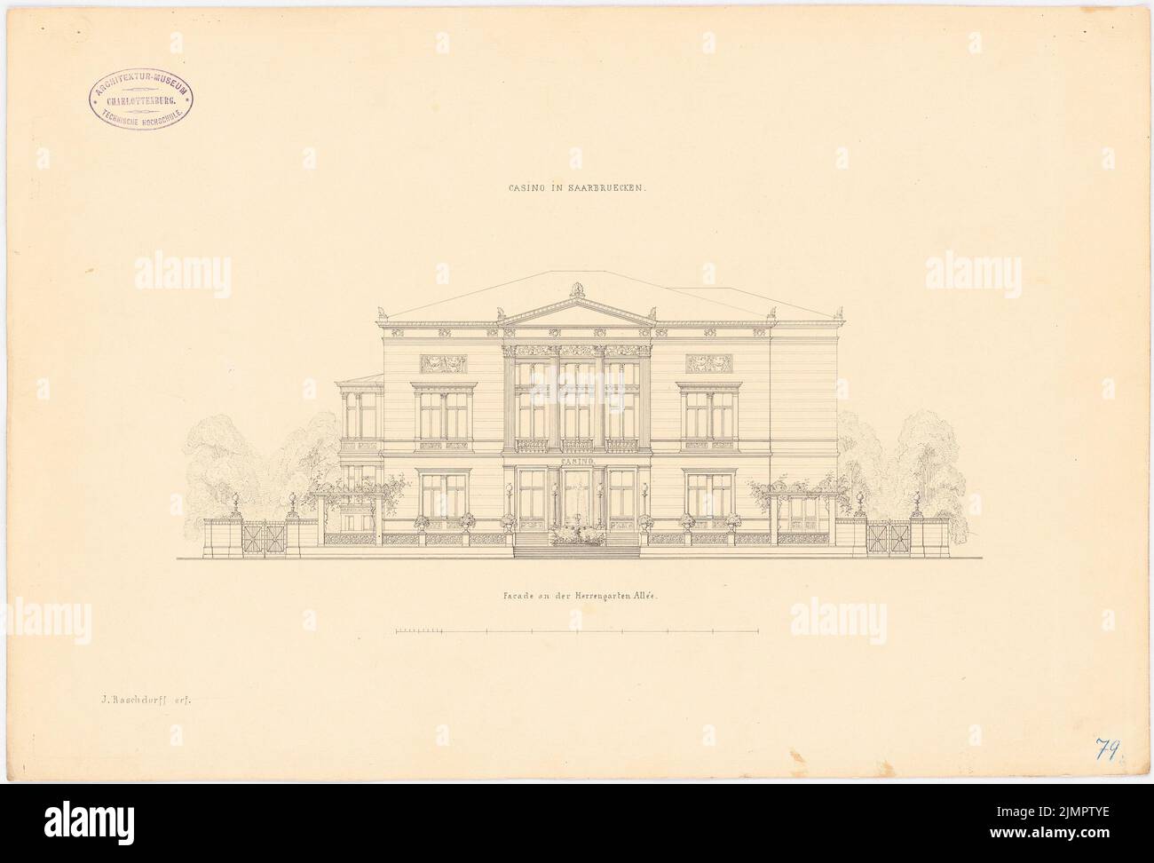 Raschdorff Julius (1823-1914), Casino, Saarbrücken (ca. 1864): Aussicht. Tusche auf Karton, 33,9 x 49,9 cm (inklusive Scan-Kanten) Raschdorff Julius (1823-1914): Casino, Saarbrücken Stockfoto