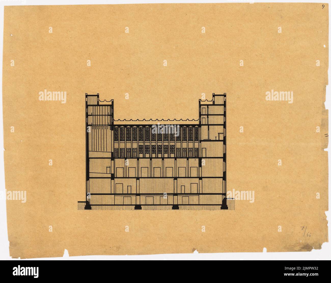 Poelzig Hans (1869-1936), Haus der Freundschaft, Istanbul. Vorprojekt 2 (1916): Querschnitt durch das Gebäude (letzte Version). Tusche auf Transparent, 39,8 x 50,7 cm (inklusive Scankanten) Poelzig Hans (1869-1936): Haus der Freundschaft, Istanbul. Vorprojekt 2 Stockfoto