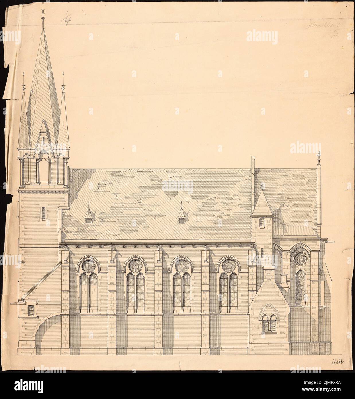 Schäfer Carl (1844-1908), Kirche, Schwalbach (1867): Seitenansicht der Südseite. Tinte auf Karton, 67 x 63,8 cm (inklusive Scankanten) Schäfer Carl (1844-1908): Kirche, Schwalbach Stockfoto