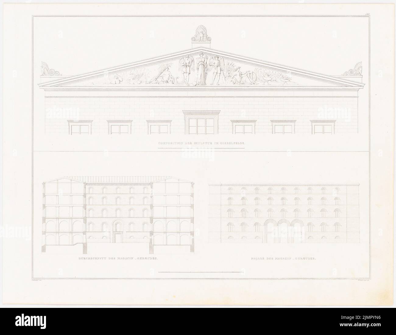 Schinkel Karl Friedrich (1781-1841), Sammlung architektonischer Entwürfe, Berlin 1858. Neuer Packhof auf der Museumsinsel in Berlin (1826): Giebelfeld, Querschnitt- und Fassadenmagazinbau. Stich auf Papier, 42 x 54 cm (inklusive Scan-Kanten) Schinkel Karl Friedrich (1781-1841): Sammlung Architekturischer Entwürfe, Berlin 1858. Neuer Packhof auf der Museumsinsel, Berlin Stockfoto