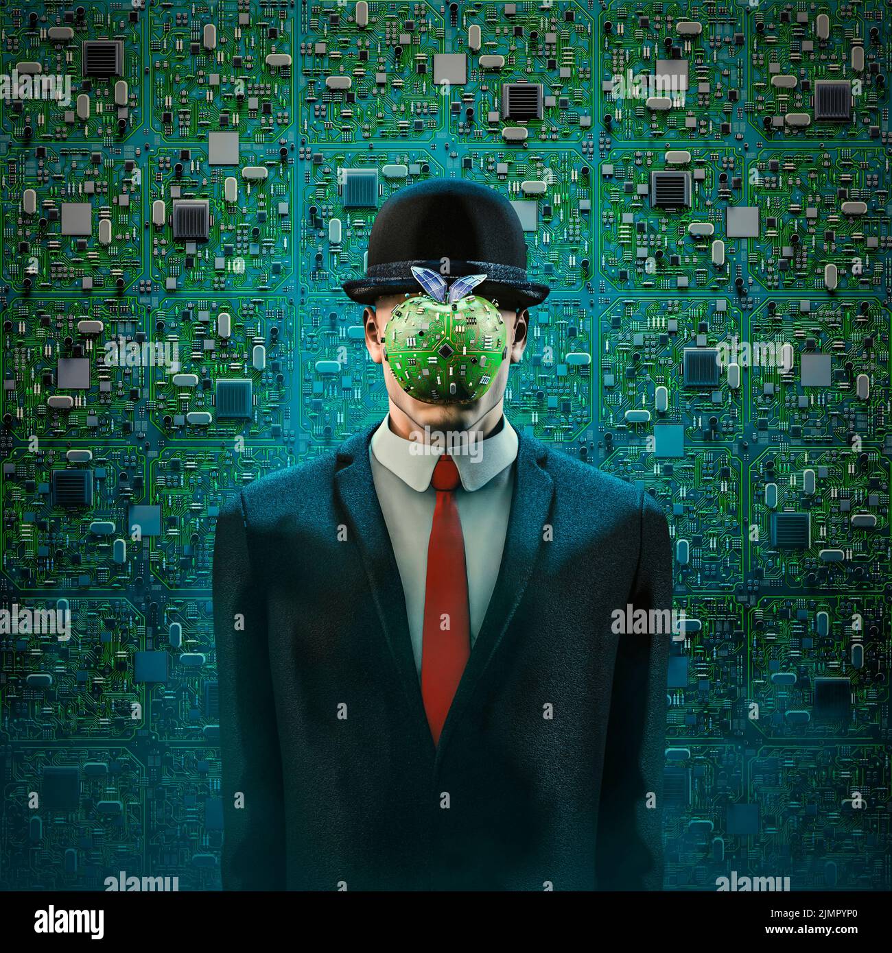 Digitale Anonymität - 3D Illustration eines surrealen Porträts des Mannes in schwarzem Anzug, roter Krawatte und Melone Hut mit Computer-Schaltung Apfel vor dem Gesicht Stockfoto