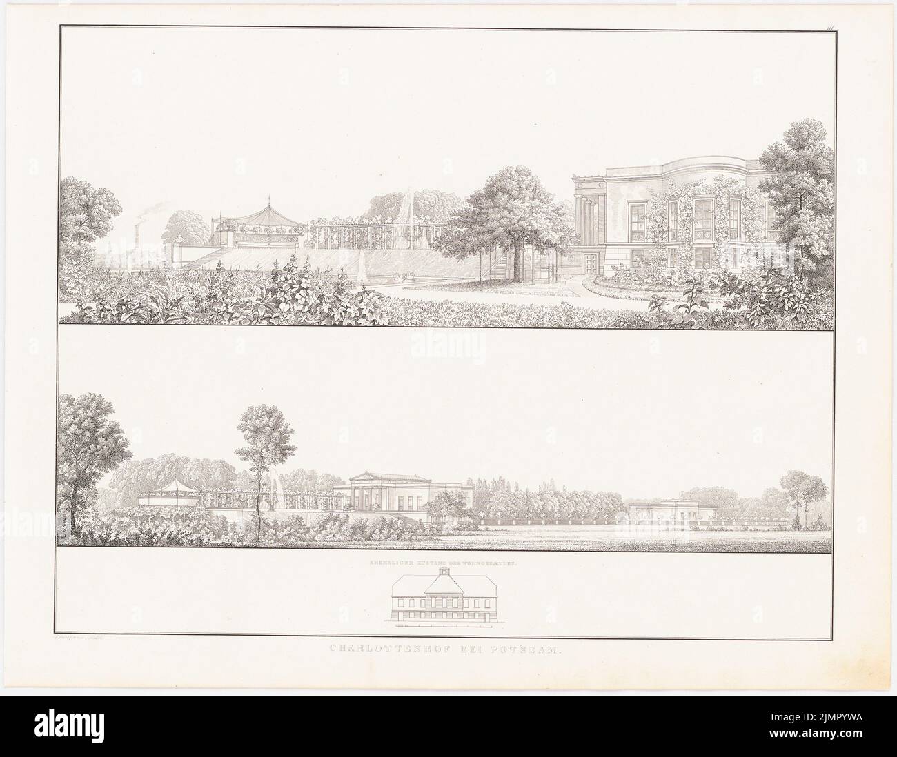 Schinkel Karl Friedrich (1781-1841), Sammlung architektonischer Entwürfe, Berlin 1858. Schloss Charlottenhof in Potsdam (1825-1826): Perspektivische Ansichten. Stich auf Papier, 41,8 x 53,9 cm (inklusive Scan-Kanten) Schinkel Karl Friedrich (1781-1841): Sammlung Architekturischer Entwürfe, Berlin 1858. Schloss Charlottenhof, Potsdam Stockfoto