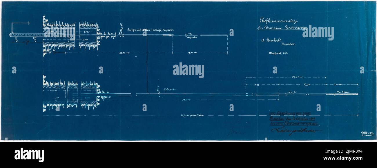 Lehmübner Paul (1855-1916), Tiefbrunnen-System für die Domäne Grünow bei Prenzlau (14. Oktober 1899): Schnitte. Blaupause auf Papier, 26,1 x 69,1 cm (inklusive Scan-Kanten) Lehmstübner Paul (1855-1916): Tiefbrunnenanlage für die Domäne Grünow bei Prenzlau Stockfoto