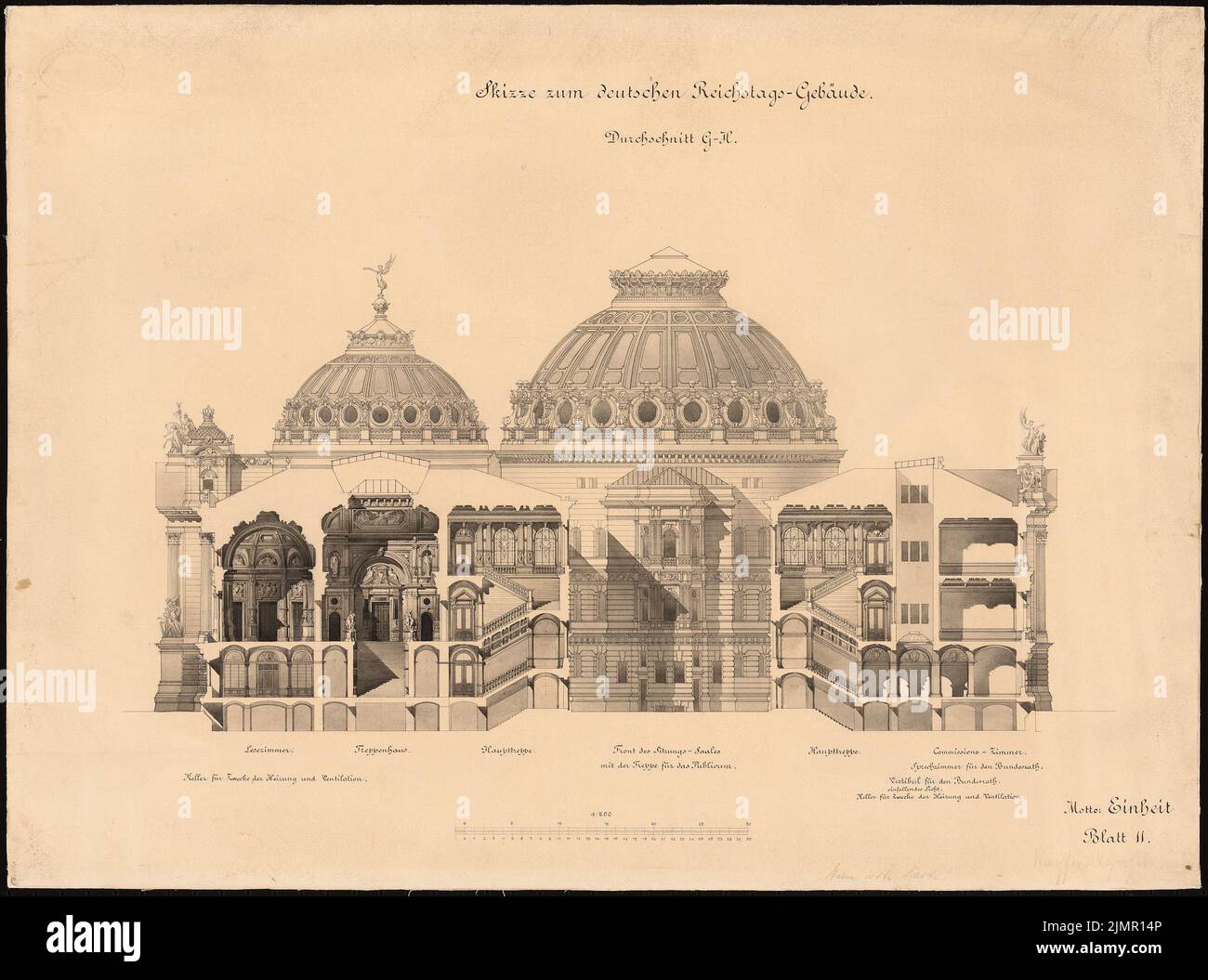 Kayser & von Großheim, Reichstag, Berlin. Zweiter Wettbewerb (1882): Cut G-H 1: 200. Tusche Aquarell auf der Schachtel, 47,3 x 63,7 cm (inklusive Scan-Kanten) Kayser & von Großheim : Reichstag, Berlin. Zweiter Wettbewerb Stockfoto