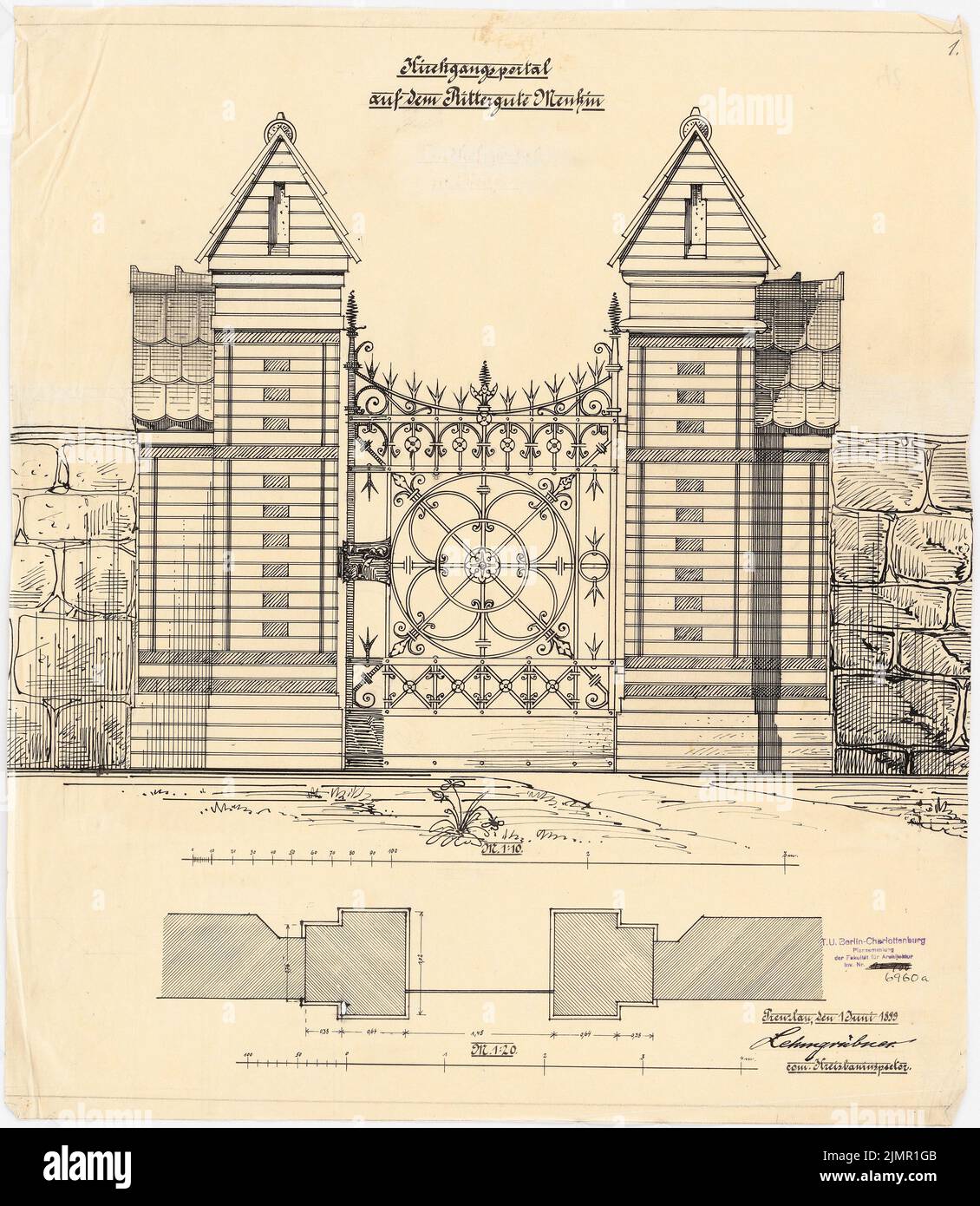 Lehmübner Paul (1855-1916), Menkin Rittergut. Umbau des Stallgebäudes (01.06.1899): Eingangstor mit Raster, Sicht und Grundriß 1:10, 1:20. Tinte auf Papier, 56,8 x 49,4 cm (inklusive Scankanten) Lehmstübner Paul (1855-1916): Rittergut Menkin. Umbau des Stallgebäudes Stockfoto