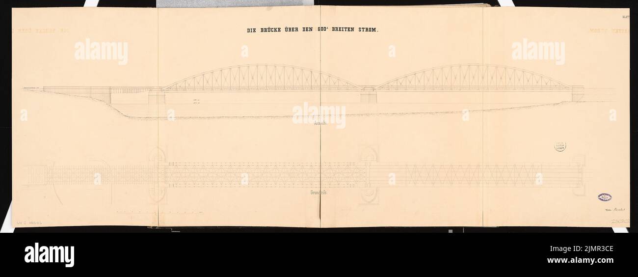 Jacobi Carl (1834-1904), Eisenbahnbrücke. Schinkel-Wettbewerb 1862 (1862): Grundriss auf drei Ebenen, Seitenansicht einreißen (für den Mund); Skalenbalken. Tinte auf Karton, 67,4 x 184,9 cm (inklusive Scankanten) Jacobi Carl (1834-1904): Eisenbahnbrücke. Schinkelwettbewerb 1862 Stockfoto