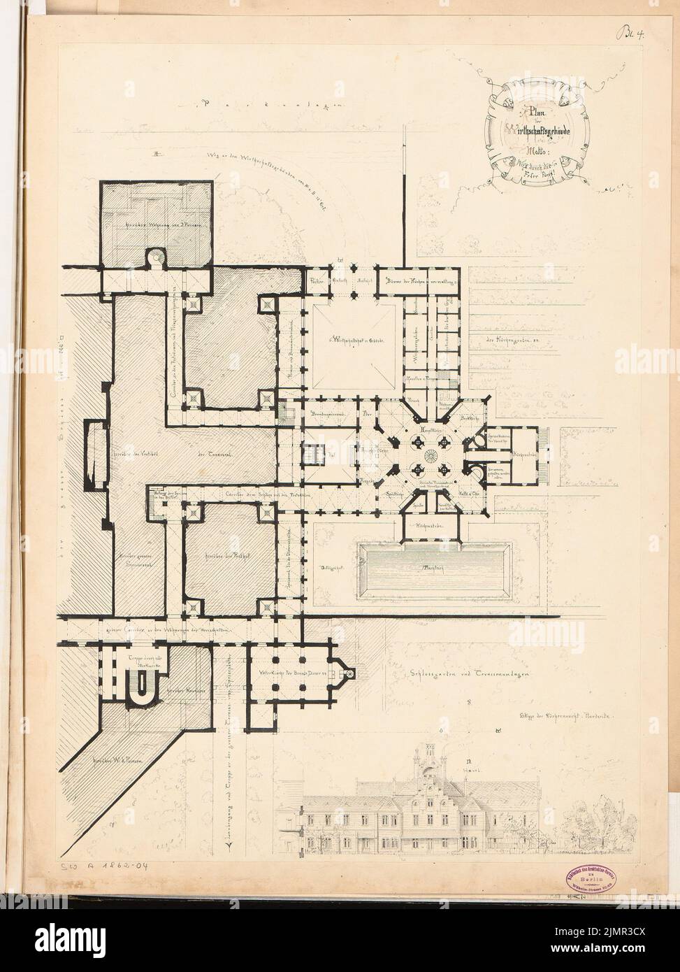 Wiethase Heinrich (1833-1893), Fürstenschloss auf dem Brauhausberg in Potsdam. Schinkel-Wettbewerb 1862 (1862): Bauernhofgebäude: Grundriss Erdgeschoss, Nordansicht gerissen; Maßstabsbalken. Tinte auf Karton, 72,8 x 54,5 cm (inklusive Scankanten) Wiethase Heinrich (1833-1893): Fürstliches Schloss auf dem Brauhausberg, Potsdam. Schinkelwettbewerb 1862 Stockfoto