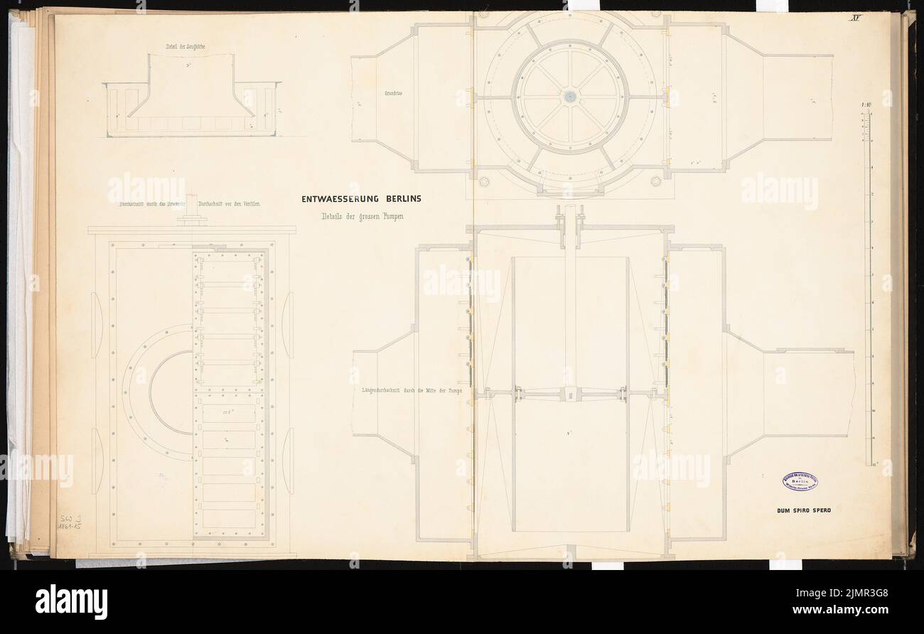 Zimmermann Carl Johannes (1831-1911), Entwässerungssystem für Friedrichstadt, Berlin. Schinkel-Wettbewerb 1861 (1861): Pumpe: Grundriß, Längsschnitt, 2 Querschnitte, Detail 1:10; Maßstabsbalken. Tusche Aquarell auf der Schachtel, 64,2 x 104,1 cm (inklusive Scankanten) Zimmermann Carl Johannes (1831-1911): Entwursserungssystem für die Friedrichstadt, Berlin. Schinkelwettbewerb 1861 Stockfoto