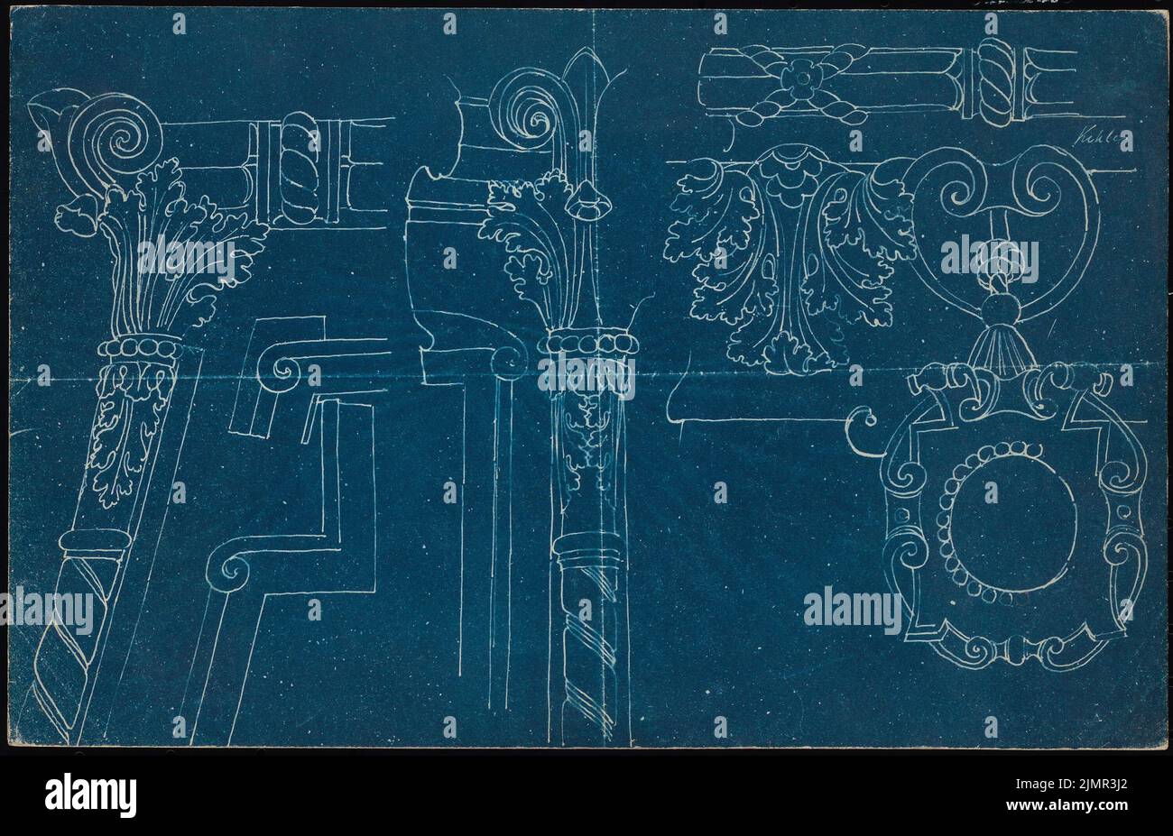 Schneider Hugo (1841-1925), Figuren und Ornamente (ohne Datum): Ansicht. Blaupause auf Papier, 20 x 31,1 cm (inklusive Scankanten) Schneider Hugo (1841-1925): Figuren und Ornamente Stockfoto