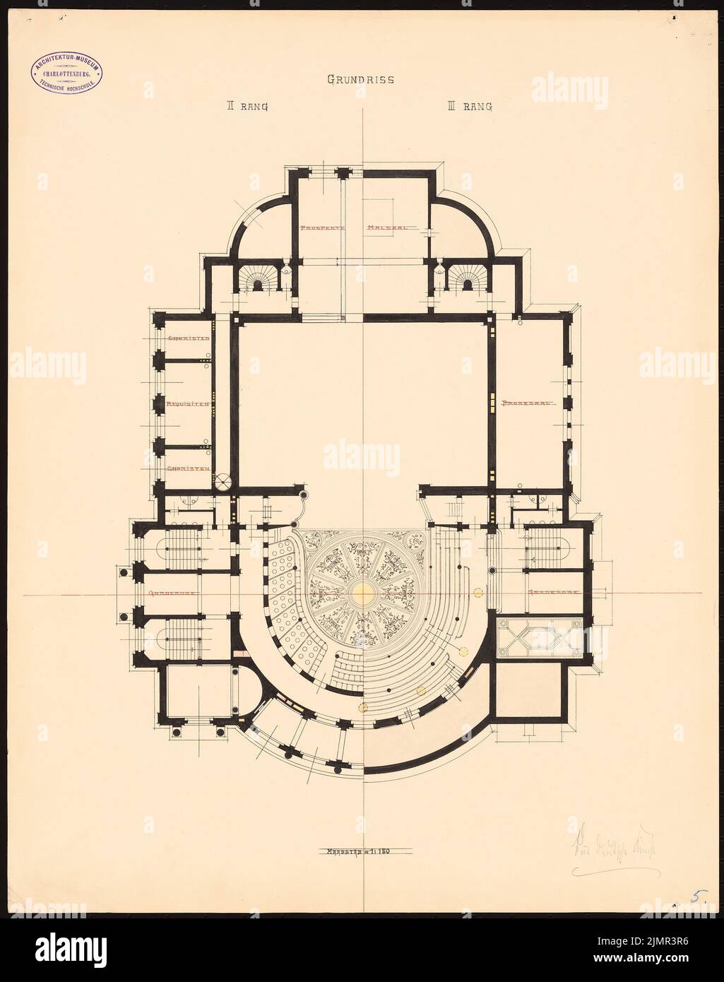 Schubert Heinrich, Stadttheater Halle/Saale. 1. Projekt (1883): Grundriss 2. und 3. Ort. Tusche, Tusche farbig, Aquarell auf Karton, 57,9 x 45,7 cm (inklusive Scankanten) Schubert Heinrich : Stadttheater, Halle/Saale. 1. Projekt Stockfoto