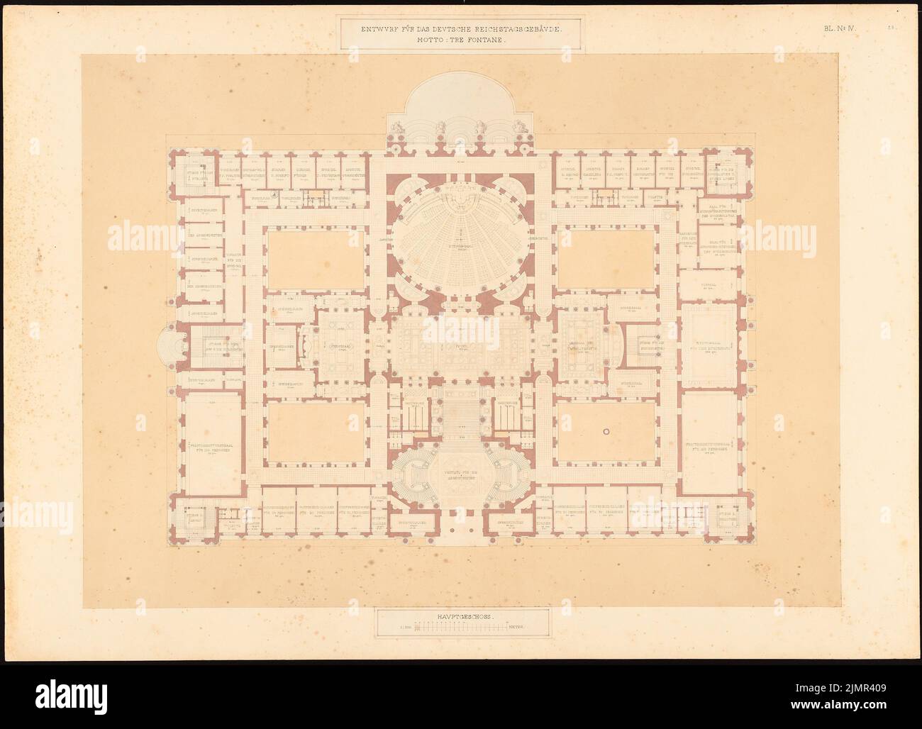 Löw Wilhelm von, Reichstag, Berlin. Zweiter Wettbewerb (1882): Grundriss Hauptgeschoss, 1: 200. Tusche Aquarell auf der Schachtel, 76,8 x 106,3 cm (inklusive Scankanten) Löw Wilhelm von : Reichstag, Berlin. Zweiter Wettbewerb Stockfoto