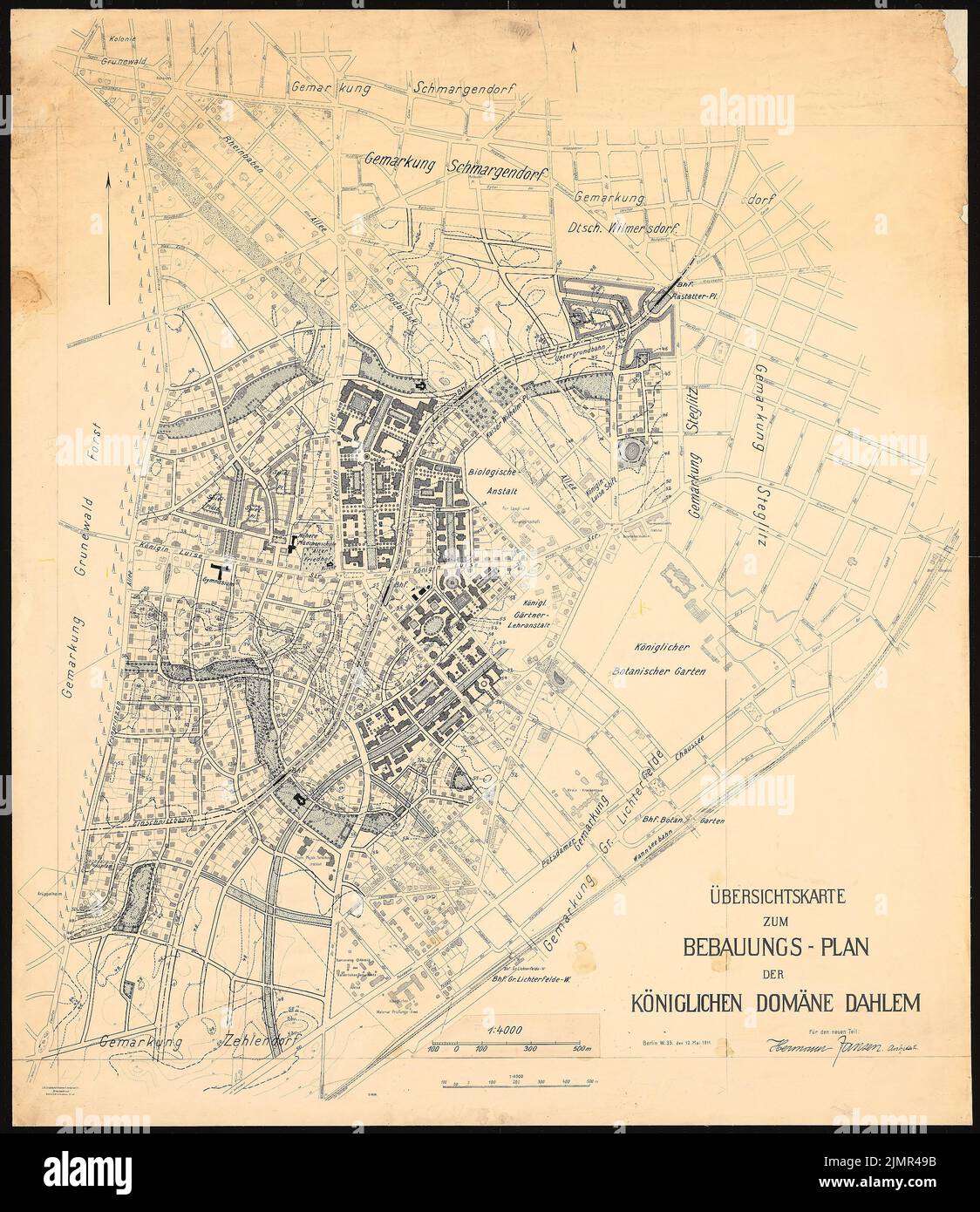 Jansen Hermann (1869-1945), Überarbeitung und Ergänzung des Entwicklungsplans der Königlichen Domäne Dahlem, Berlin (1910-1910): Übersicht und Parzellierung auf Grundkarten 1: 4000. Tintenfarben, Überdruck auf Karton, 114,8 x 99,3 cm (inklusive Scankanten) Jansen Hermann (1869-1945): Revision und Ergänzung des Bauungsplanes der Königlichen Domäne Dahlem, Berlin Stockfoto