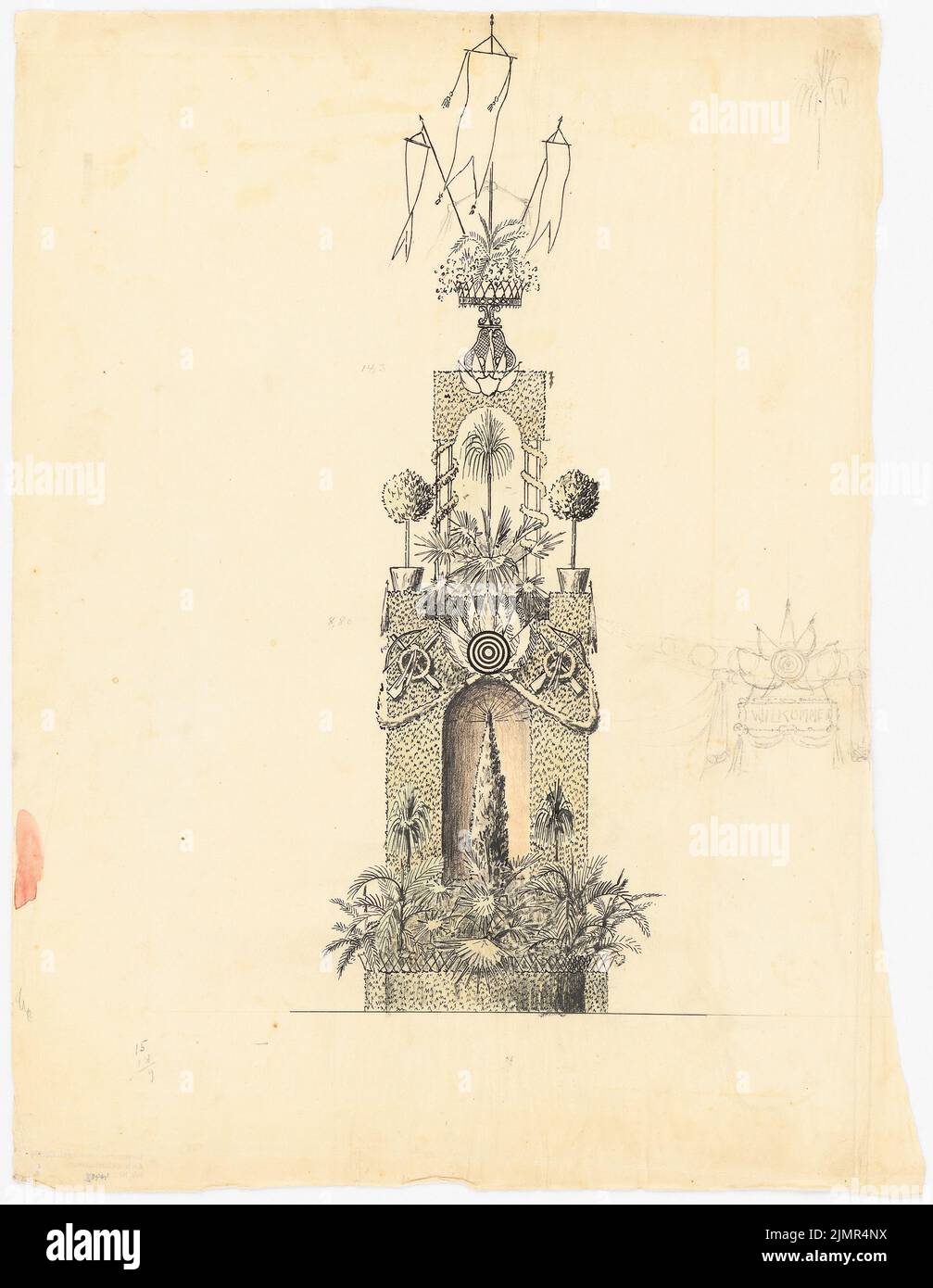 Reise Julius (1857-1907), Straßendekoration in Hannover (1903): Ansicht eines Schmuckstabs für die Straßeneinfahrt, 2 Nebenskizzen. Bleistift, Farbstift und Tusche auf Transparent, 53,5 x 41,5 cm (inklusive Scankanten) Trip Julius (1857-1907): Straßendekorationen, Hannover Stockfoto