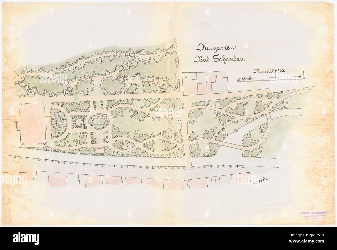 Barth Erwin (1880-1933), Kurgarten Bad Schandau (1902): Grundriß des Kurgartens 1: 500, Maßstabsbalken. Tusche Aquarell auf Leinen, 36,9 x 54,7 cm (inklusive Scan-Kanten) Barth Erwin (1880-1933): Kurgarten Bad Schandau Stockfoto