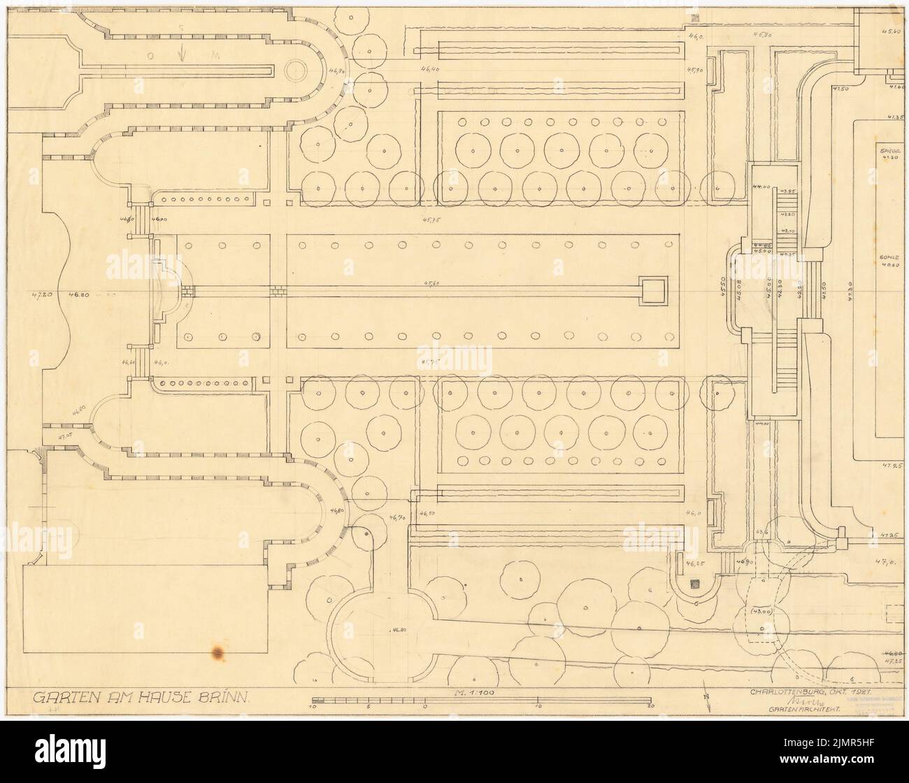 Barth Erwin (1880-1933), Garten bei Brinn in Berlin-Charlottenburg (10,1921): Grundriß der östlichen Gartenfläche 1: 100, Maßstab Bar. Bleistift auf Transparent, 63,2 x 79,7 cm (inklusive Scankanten) Barth Erwin (1880-1933): Garten am Hause Brinn, Berlin-Charlottenburg Stockfoto
