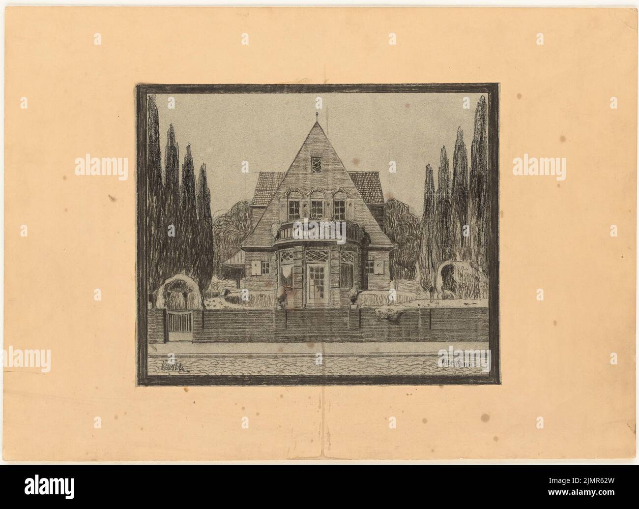 Hormann F., Garten Barth in Lübeck (1913): Perspektivansicht mit Blick auf das Haus und den umliegenden Garten von der Straße. Kohle und Bleistift auf Papier, 51,2 x 70,4 cm (inklusive Scankanten) Hormann F. : Garten Barth, Lübeck Stockfoto