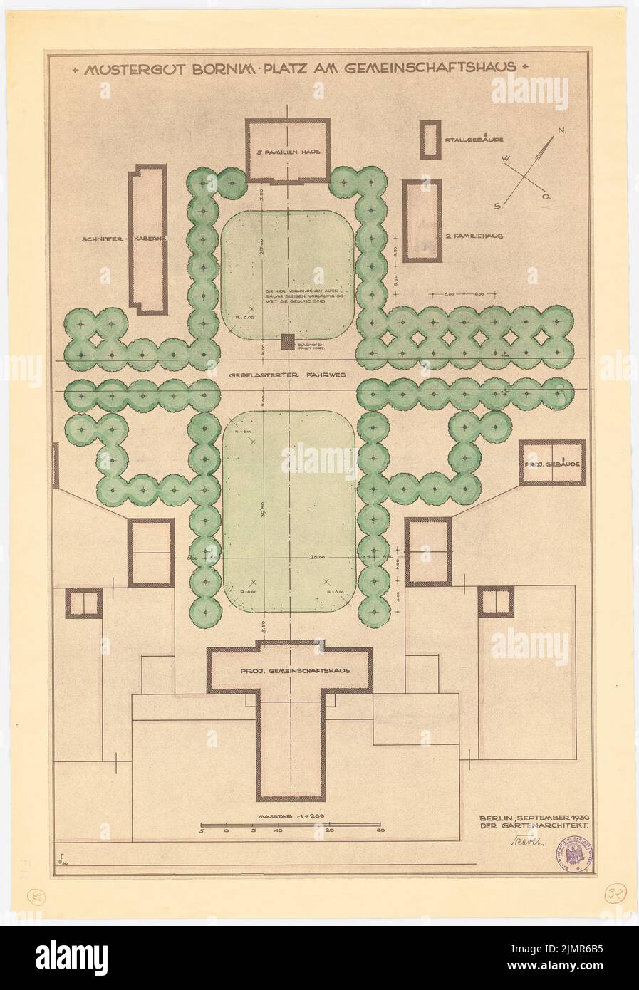 Barth Erwin (1880-1933), Modelgut Bornim bei Potsdam (09,1930): Pause von Inv.-Nr. 41223: Platz im Gemeindezentrum im Grundriss, mit Gebäude abgerissen 1: 200, Maßstab bar; Gummistempel. Lichtbruch-Aquarell auf der Schachtel, 90,1 x 62,2 cm (inklusive Scan-Kanten) Barth Erwin (1880-1933): Mustergut Bornim, Potsdam Stockfoto