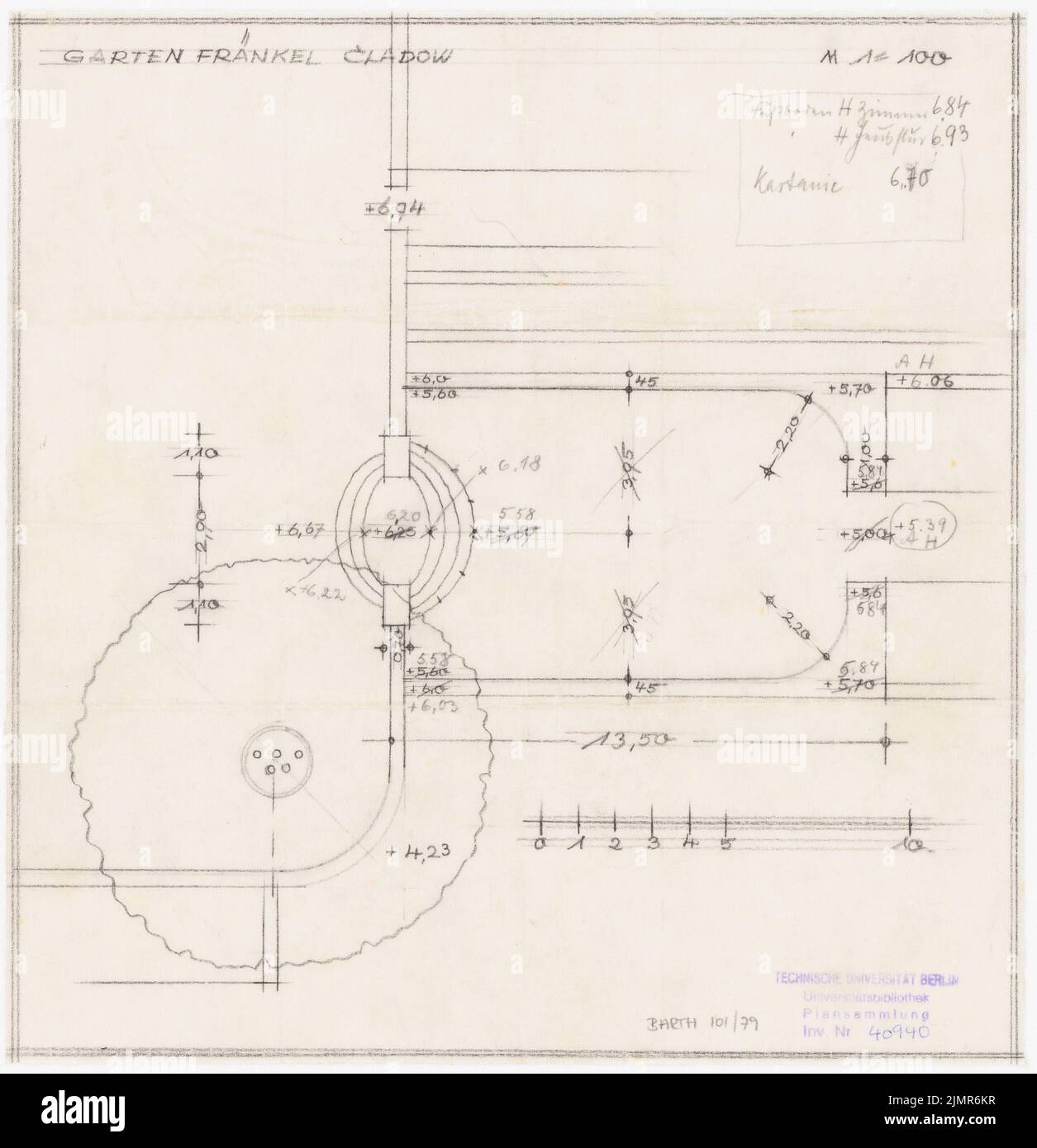 Barth Erwin (1880-1933), Fraenkel-Garten in Berlin-Kladow (1925-1925): Skizze zur Ostecke des Vorplatzes, 1: 100. Bleistift auf Transparent, 29 x 28 cm (inklusive Scankanten) Barth Erwin (1880-1933): Garten Fraenkel, Berlin-Kladow Stockfoto