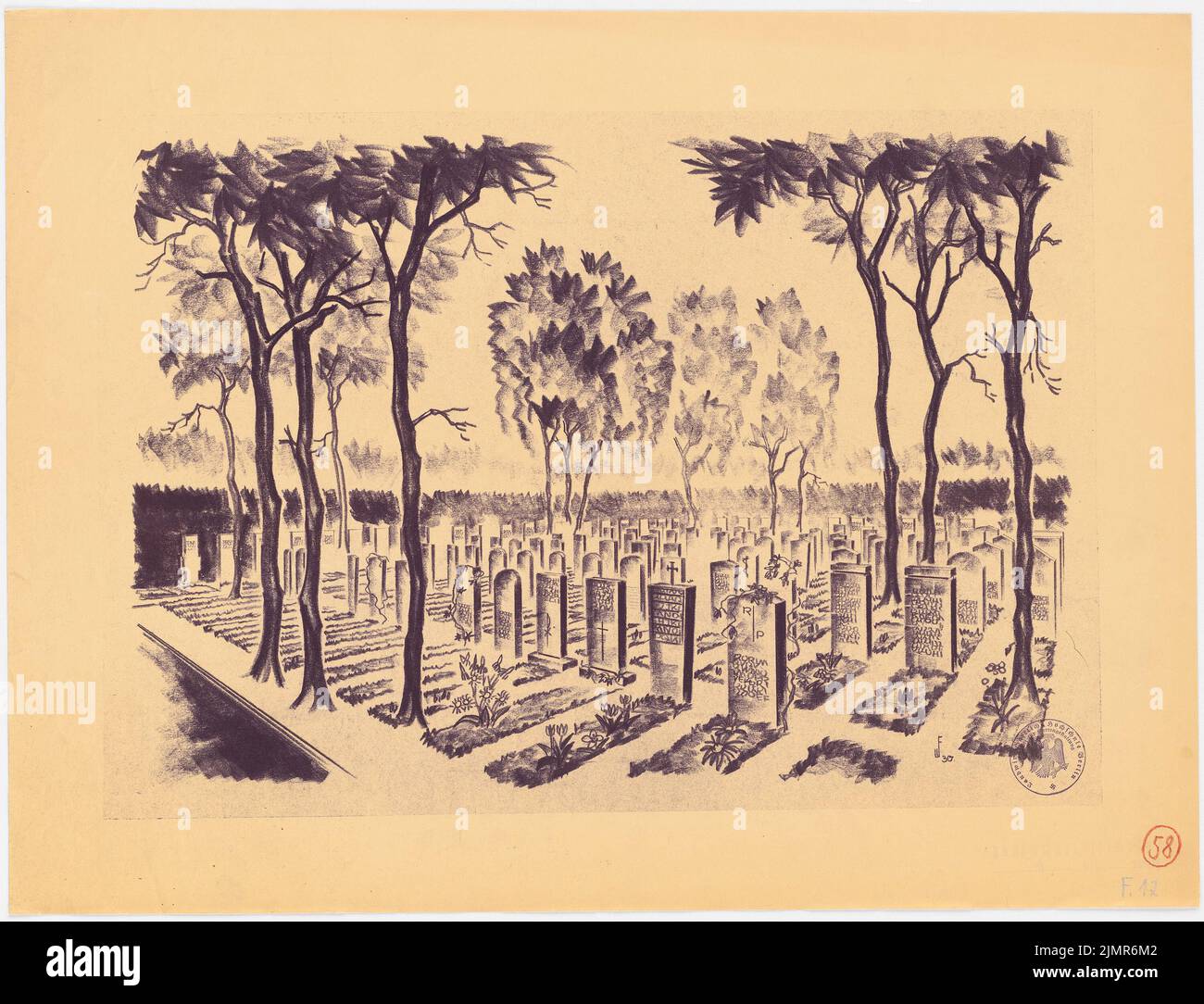 Barth Erwin (1880-1933), Erweiterung der Friedhofs in Stolp (1930): Break Break from Inv.-Nr. 41175: Perspektivische Ansicht mit Blick auf ein Reihengrabfeld; Gummistempel. Leichter Bruch auf Karton, 43,1 x 56,3 cm (inklusive Scankanten) Barth Erwin (1880-1933): Erweiterung der Friedhöfe, Stolp Stockfoto