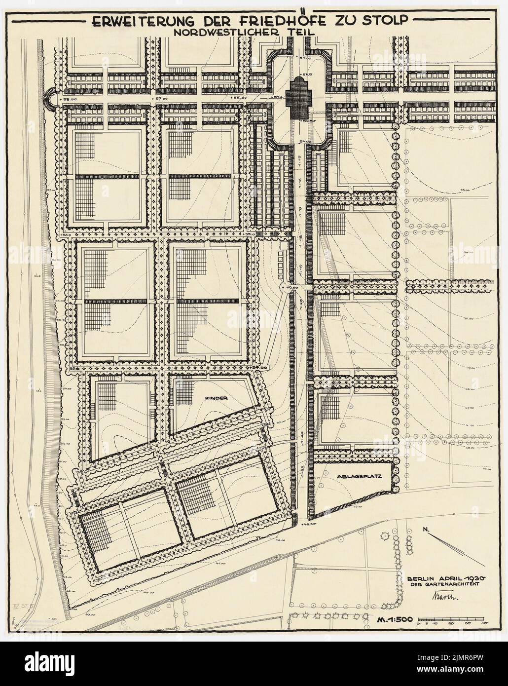 Barth Erwin (1880-1933), Erweiterung der Friedhöfe in Stolp (04,1930): Grundriß des nordwestlichen Teils der geplanten Erweiterung des Friedhofs mit Höhenlinien 1: 500, Maßstabsbalken. Tinte auf Transparent, 78,2 x 62 cm (inklusive Scankanten) Barth Erwin (1880-1933): Erweiterung der Friedhöfe, Stolp Stockfoto