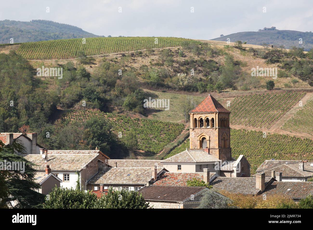 Blick auf das Dorf Salles en Beaujolais, Frankreich Stockfoto