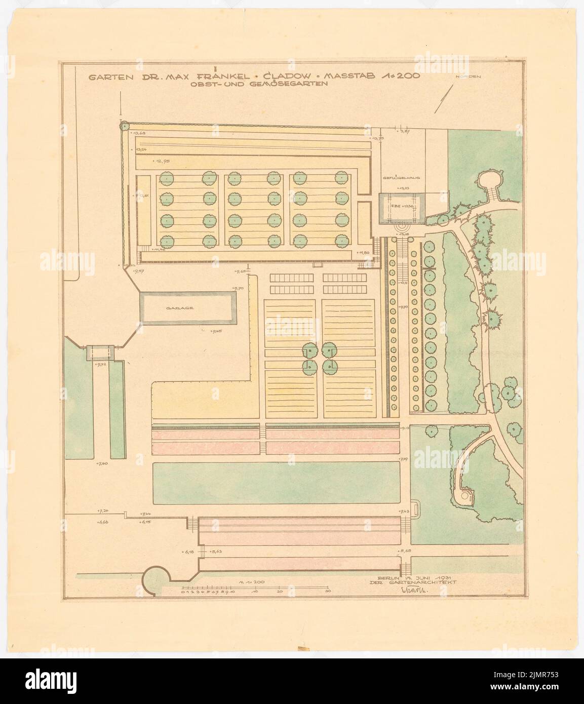 Barth Erwin (1880-1933), Fraenkel-Garten in Berlin-Kladow (06,1931): Entwurfsplan des mittleren Abschnitts als Obst- und Gemüsegarten, 1: 200, Anm. Lichtbruch Aquarell auf Papier, 68,2 x 60,5 cm (inklusive Scan-Kanten) Barth Erwin (1880-1933): Garten Fraenkel, Berlin-Kladow Stockfoto
