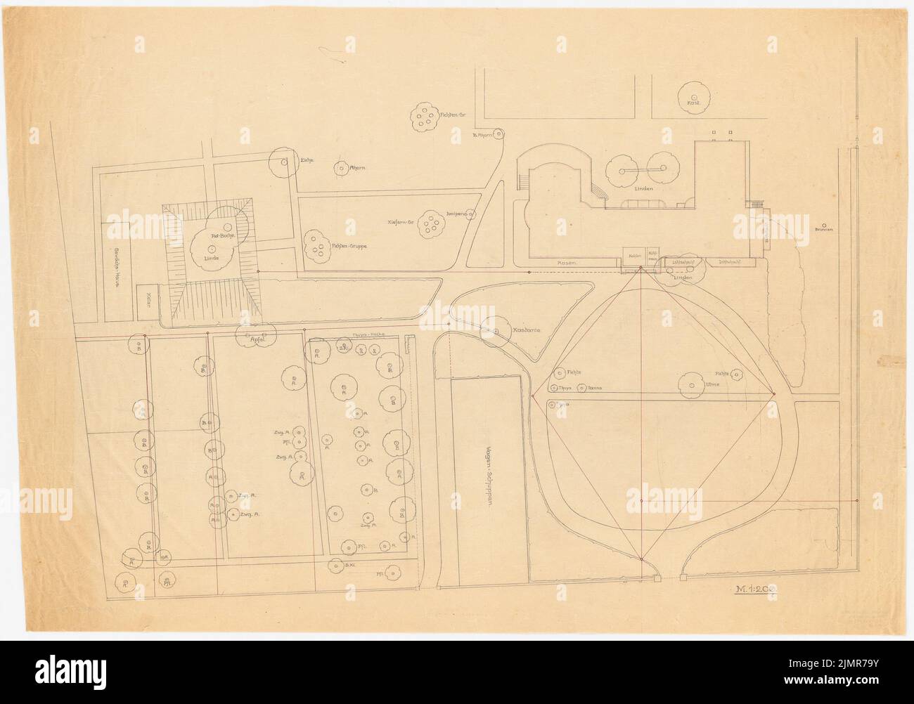 Unbekannter Architekt, Teil eines Hausgartens (ohne Datum): Grundriß eines Hausgartens 1: 200 mit Gebäudetränen (Wohn- und Nebengebäude). Bleistift, Farbstift, Tinte auf Papier, 66,3 x 94,5 cm (einschließlich Scankanten) N.N. : Teil eines Hausgartens Stockfoto