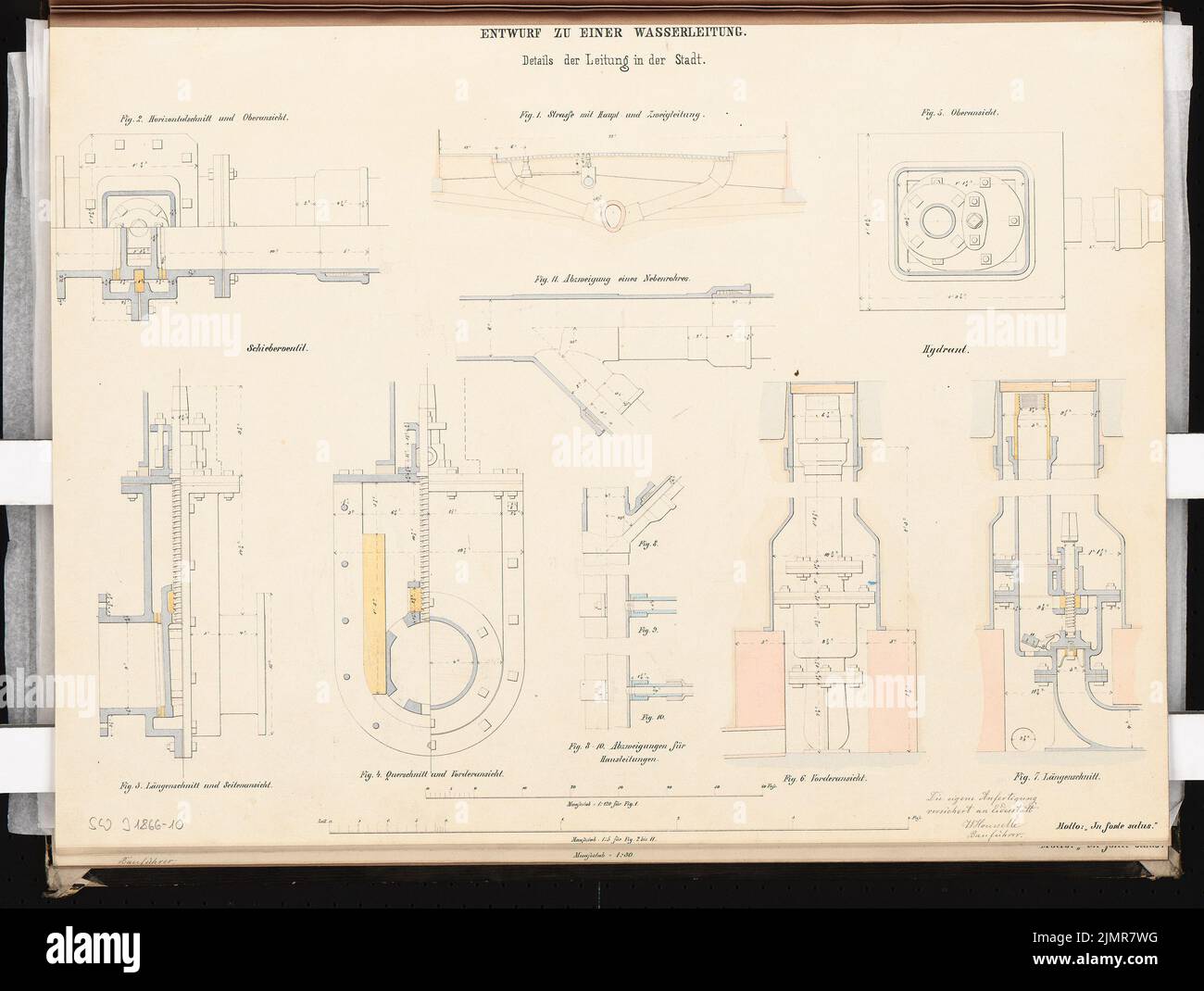 Houlelle Wilhelm (1841-1910), Wasserversorgung einer Großstadt. Schinkel-Wettbewerb 1866 (1866): Leitungen, Hydrant, Sperrschieber 1: 120, 1: 5; Streifen im Maßstab 2. Tusche Aquarell auf der Schachtel, 48,9 x 64,8 cm (inklusive Scan-Kanten) Houselle Wilhelm (1841-1910): Wasserversorgung einer großen Stadt. Schinkelwettbewerb 1866 Stockfoto