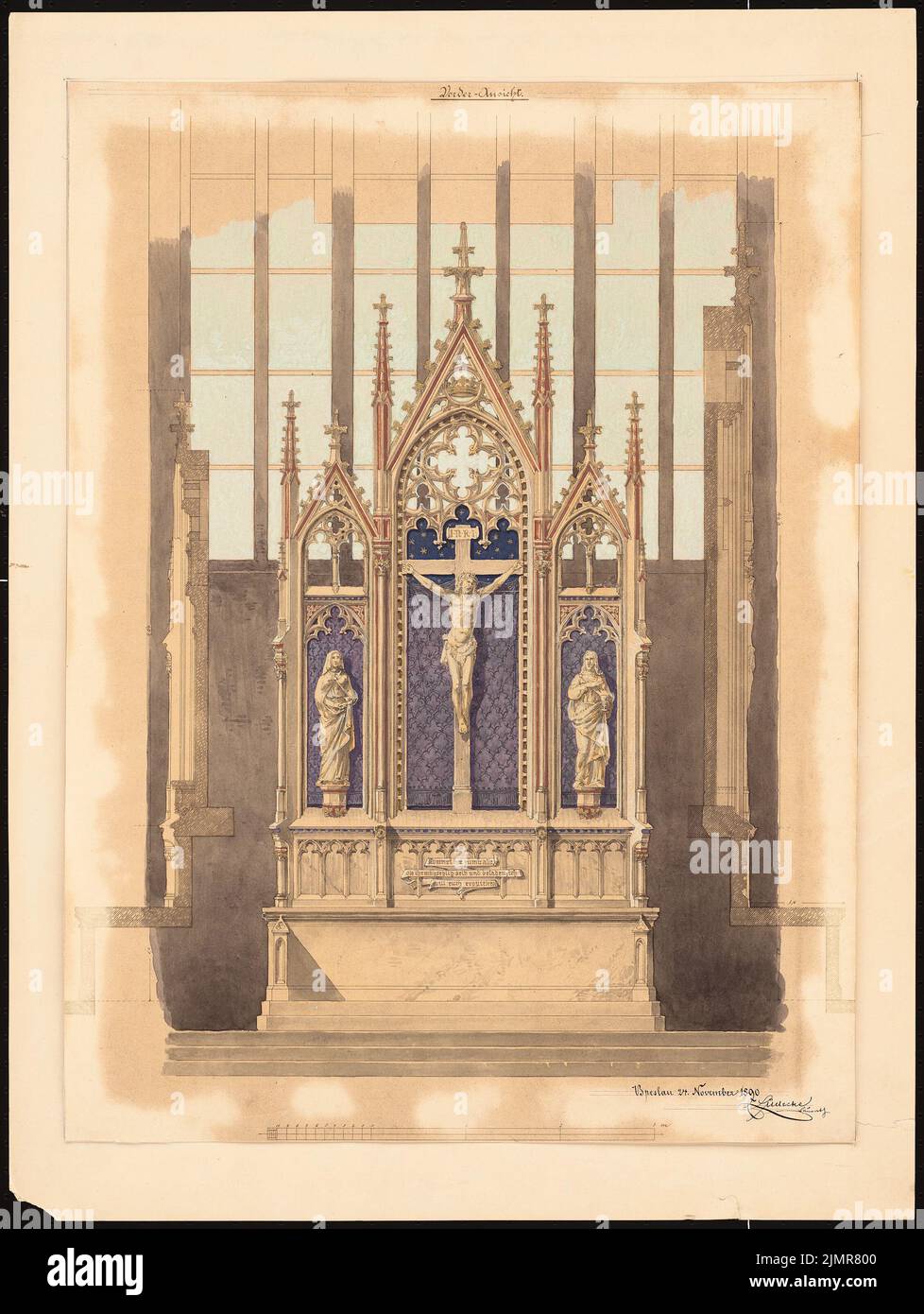 Lüdecke Carl Johann Bogislaw (1826-1894), Kirche St. Maria Magdalena in Breslau. Restaurierungsentwurf: Altar (24. November 1890): Ansicht Altar (mit Nische), Massstab 1:20. Tusche Aquarell auf Papier, 64,8 x 48,8 cm (inklusive Scankanten) Lüdecke Carl Johann Bogislaw (1826-1894): Kirche St. Maria Magdalena, Breslau. Wiederherstellungsentwurf: Altar Stockfoto