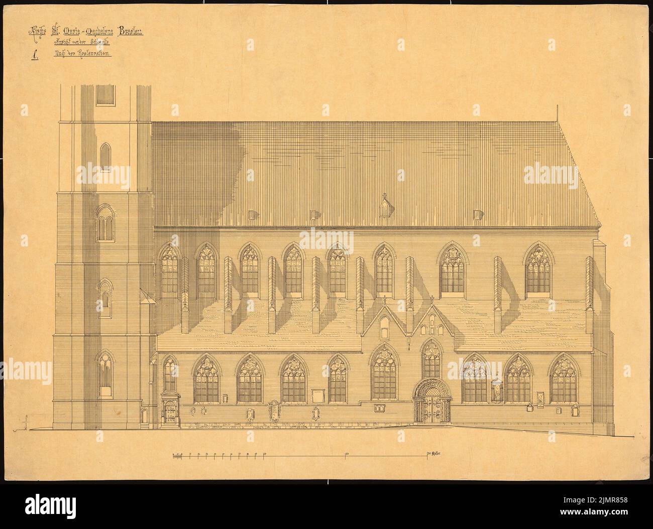 Lüdecke Carl Johann Bogislaw (1826-1894), Kirche St. Maria Magdalena in Breslau. Sanierungsentwurf (1876-1876): Obere Südseite, Massstab 1: 100. Tusche auf Transparent, mit Bleistift ergänzt, 59,1 x 79,6 cm (inklusive Scankanten) Lüdecke Carl Johann Bogislaw (1826-1894): Kirche St. Maria Magdalena, Breslau. Wiederherstellungsentwurf Stockfoto