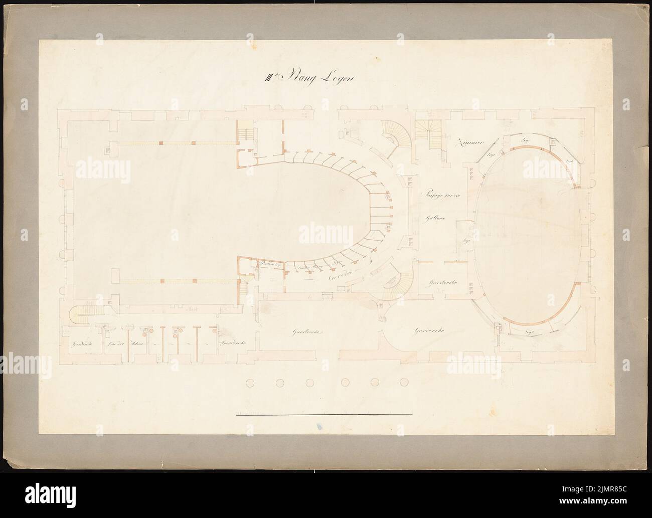 Langhans Carl Gotthard (1732-1808), Nationaltheater in Berlin (1800): Grundriss 3.. Tinte, Bleistift, wasserfarben auf Papier, auf Karton, 70,6 x 97,3 cm (inklusive Scankanten) Langhans Carl Gotthard (1732-1808): Nationaltheater, Berlin Stockfoto