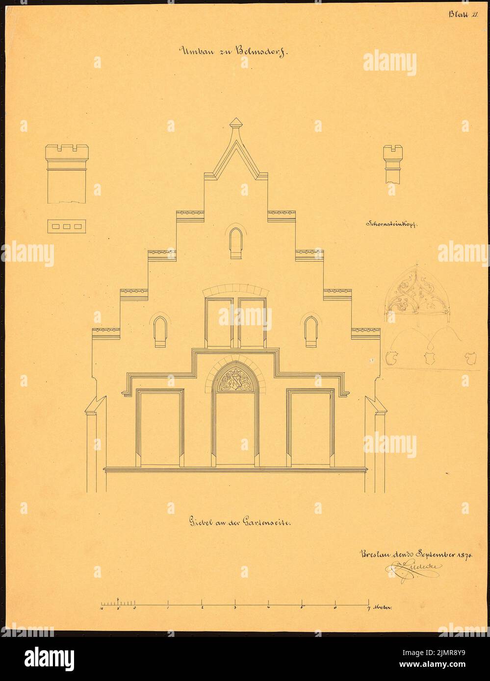 Lüdecke Carl Johann Bogislaw (1826-1894), herrschaftliches Wohnhaus in Belmsdorf. Umbau (30. September 1876): Giebel Blick auf die Gartenseite, Details Kaminkopf, Massstab. Tusche, Bleistift auf Transparent, 56,8 x 43,7 cm (inklusive Scankanten) Lüdecke Carl Johann Bogislaw (1826-1894): Herrschaftliches Wohnhaus, Belmsdorf. Umbau Stockfoto