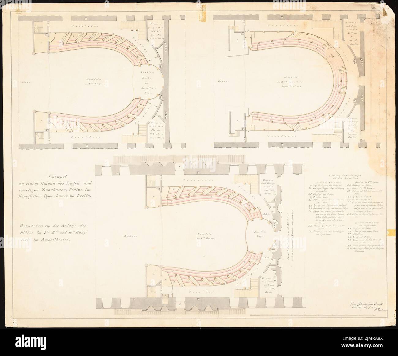 Krahmer Heinrich (1782-1843), Königliche Oper in Berlin. Umbau (20.08.1842): Grundriss 1., 2. und 3. Platz. Tusche Aquarell auf der Schachtel, 61,8 x 74,9 cm (inklusive Scan-Kanten) Krahmer Heinrich (1782-1843): Königliche Oper, Berlin. Umbau Stockfoto